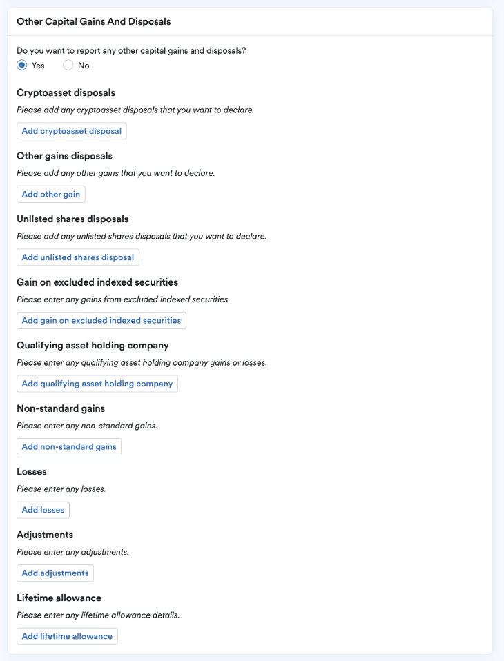 Other Capital Gains And Disposals section of individual information page