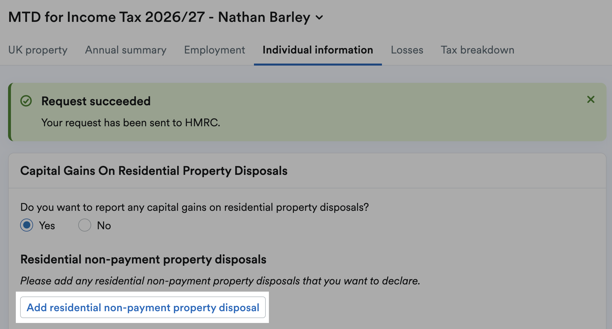 Button to add residential non-payment property disposal button highlighted on individual information page