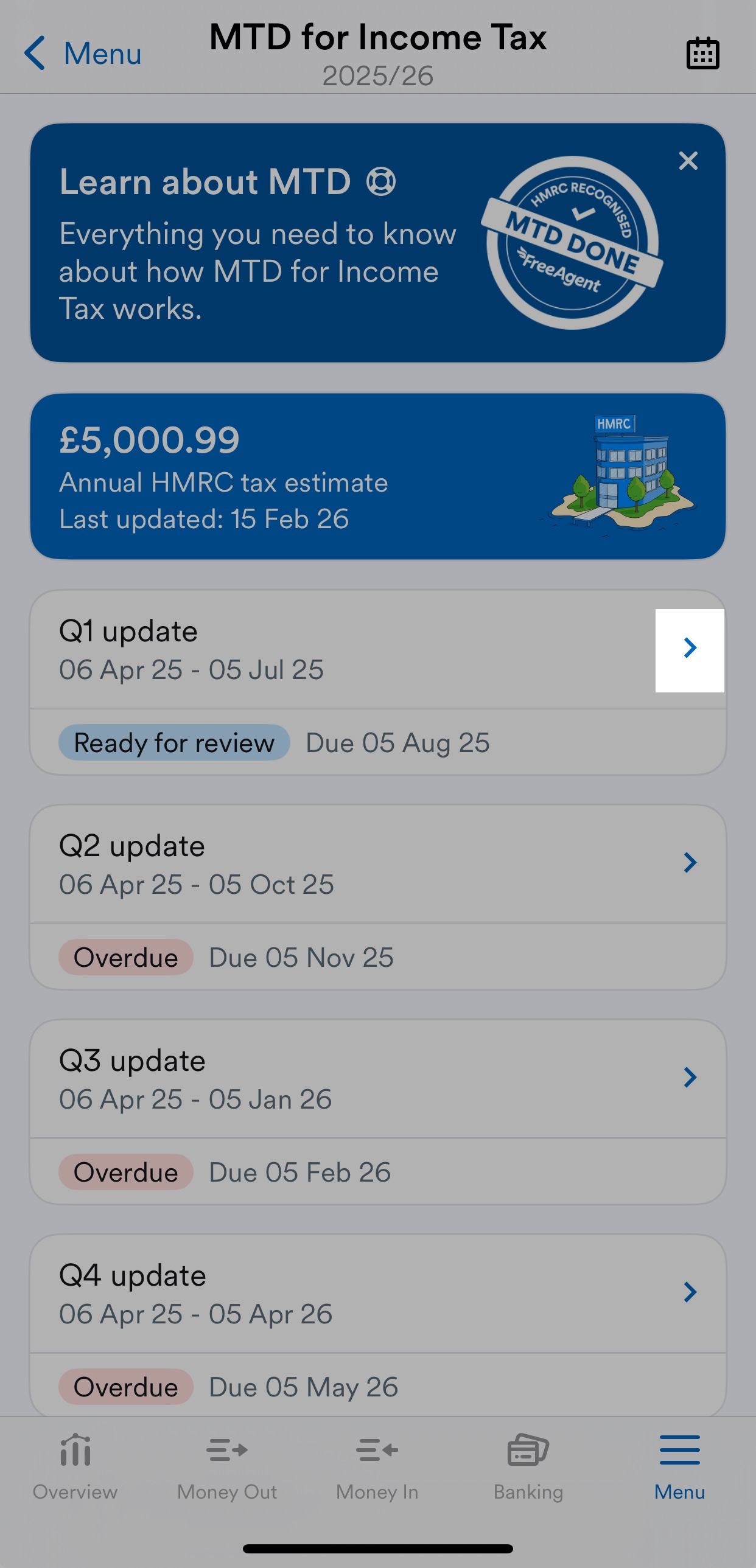 Chevron arrow highlighted next to listed quarterly update.