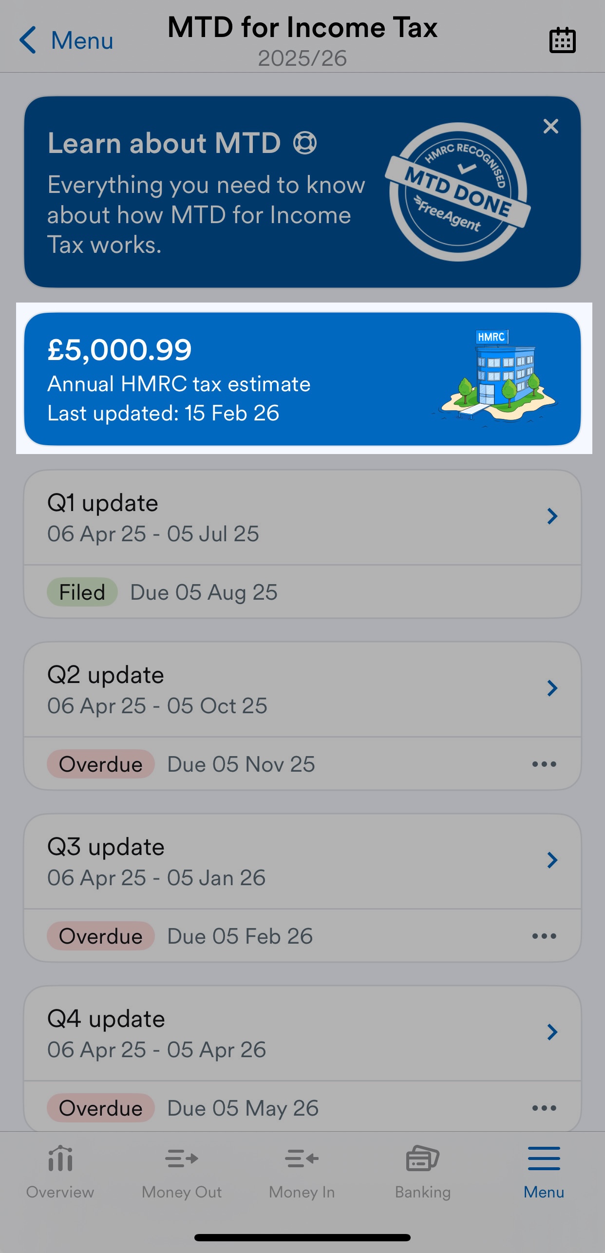Annual HMRC tax estimate showing on MTD for Income Tax page.