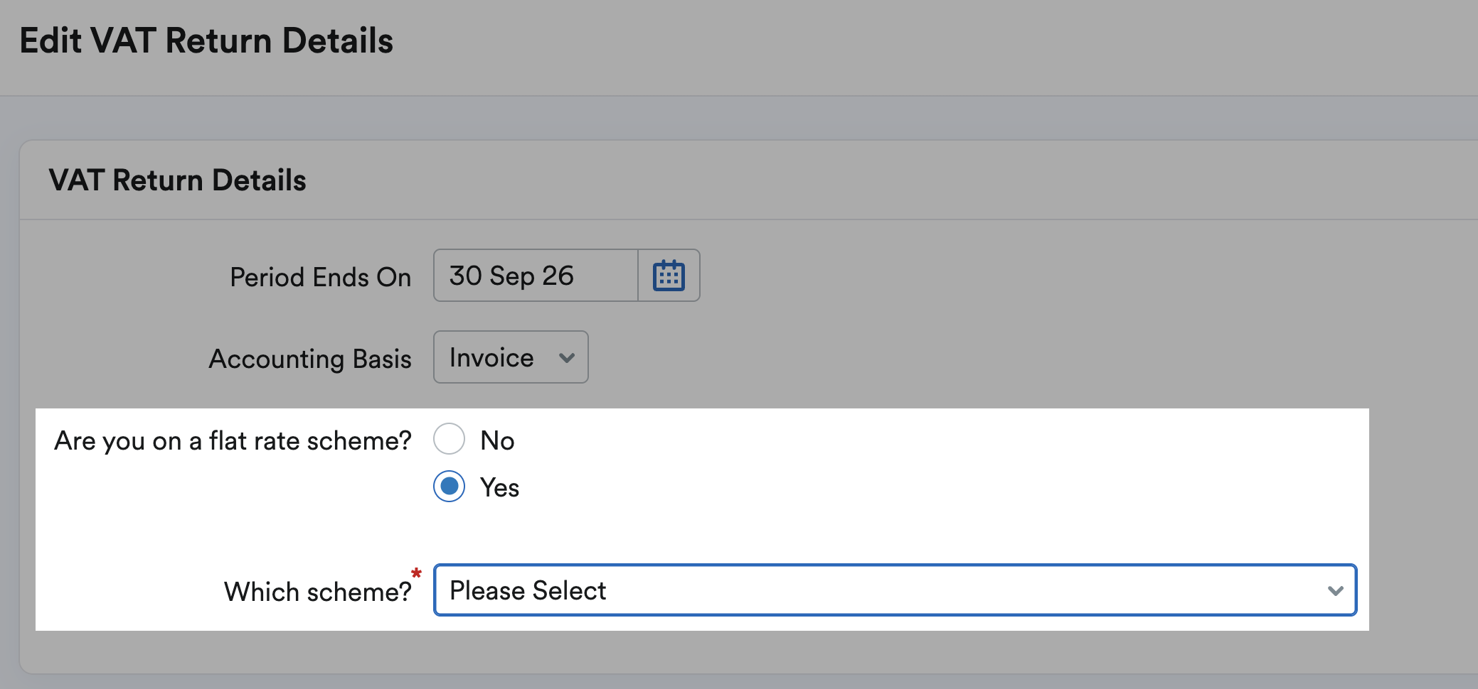 Flat Rate Scheme fields highlighted