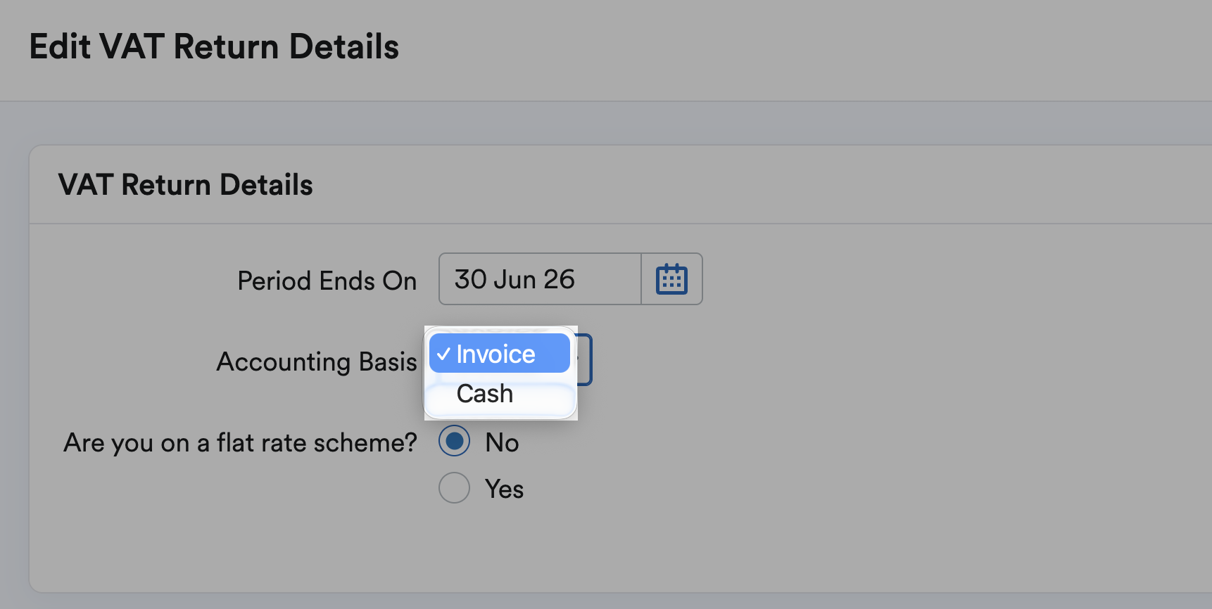 VAT accounting basis drop-down menu highlighted