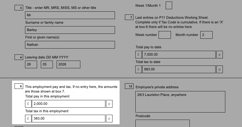‘Total pay in this employment’ and ‘Total tax in this employment’ highlighted on a P45