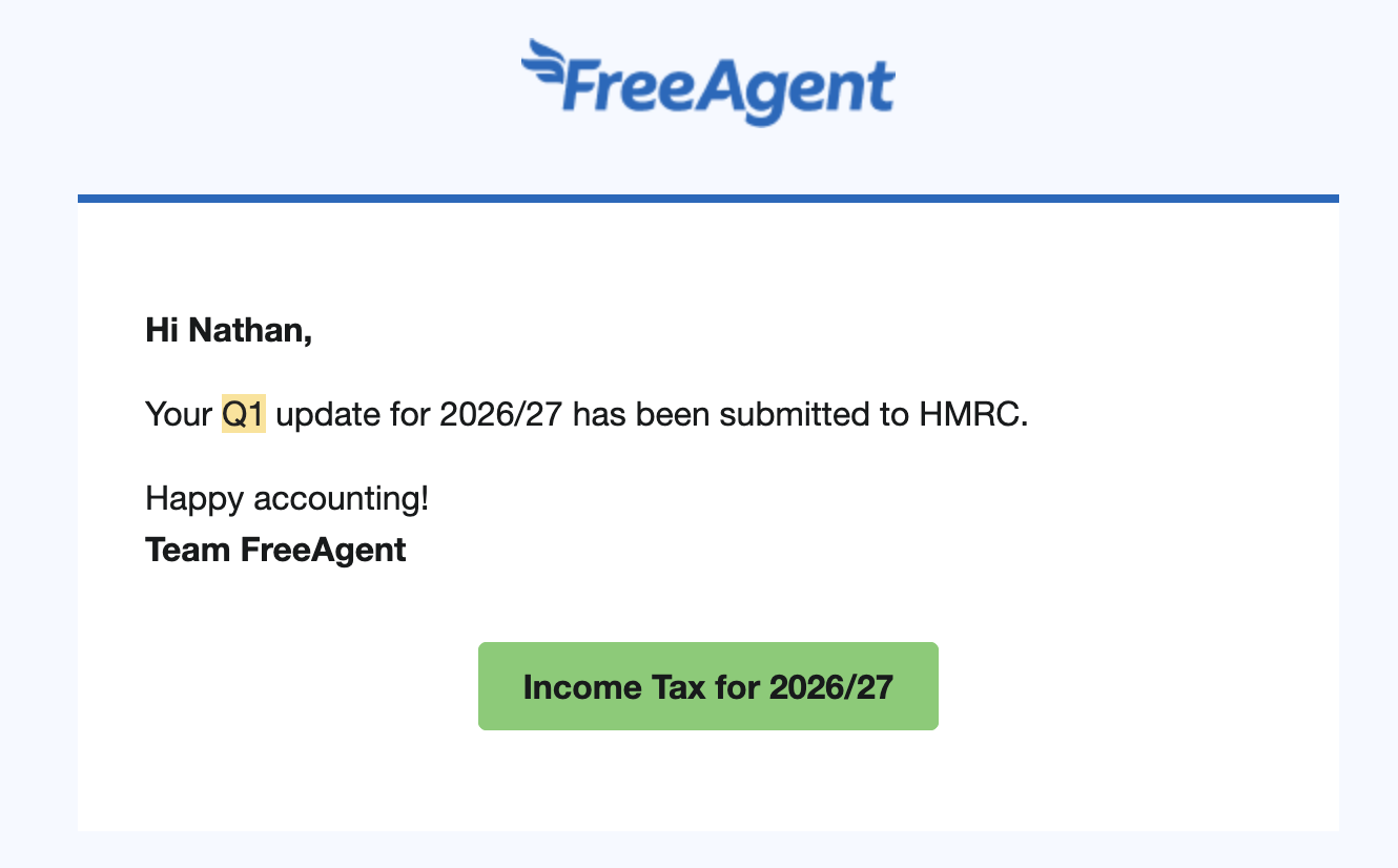 Email confirmation of quarterly update being submitted