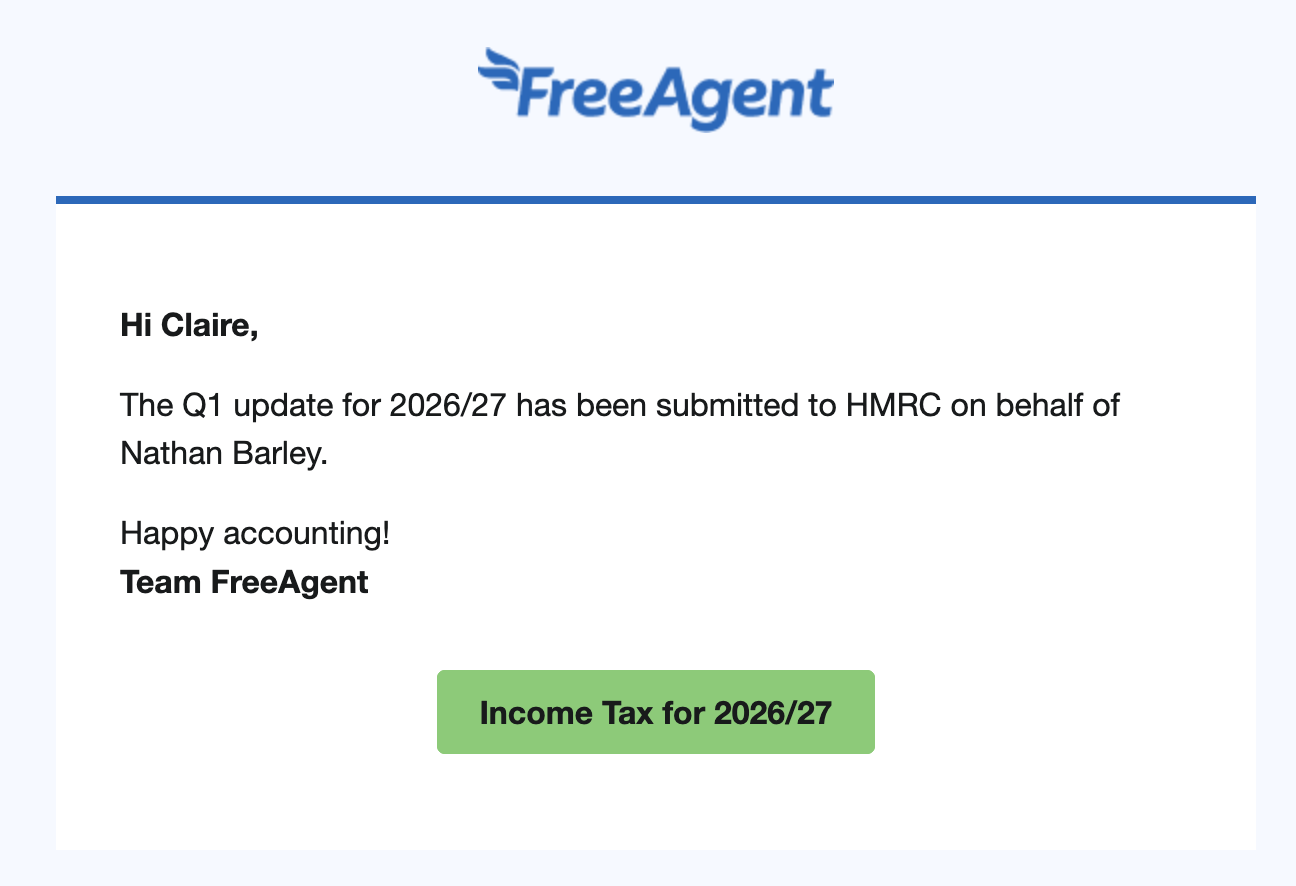 Email confirmation of quarterly update being submitted