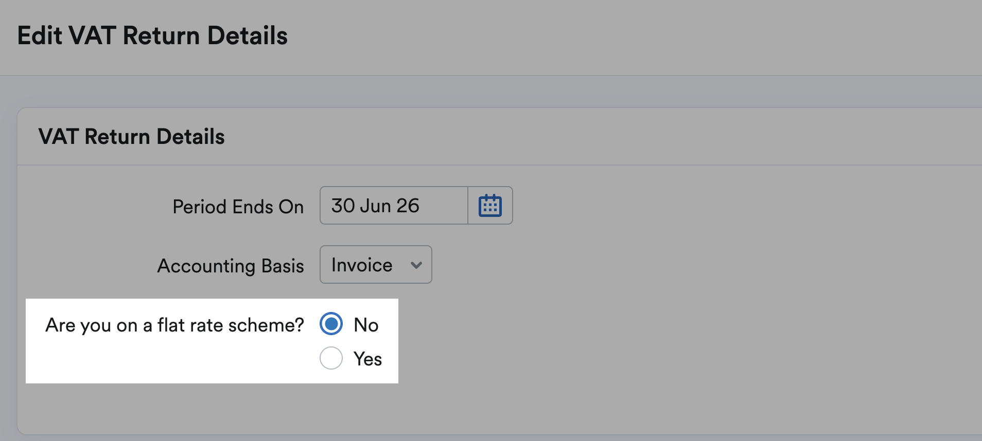 Flat Rate Scheme options highlighted