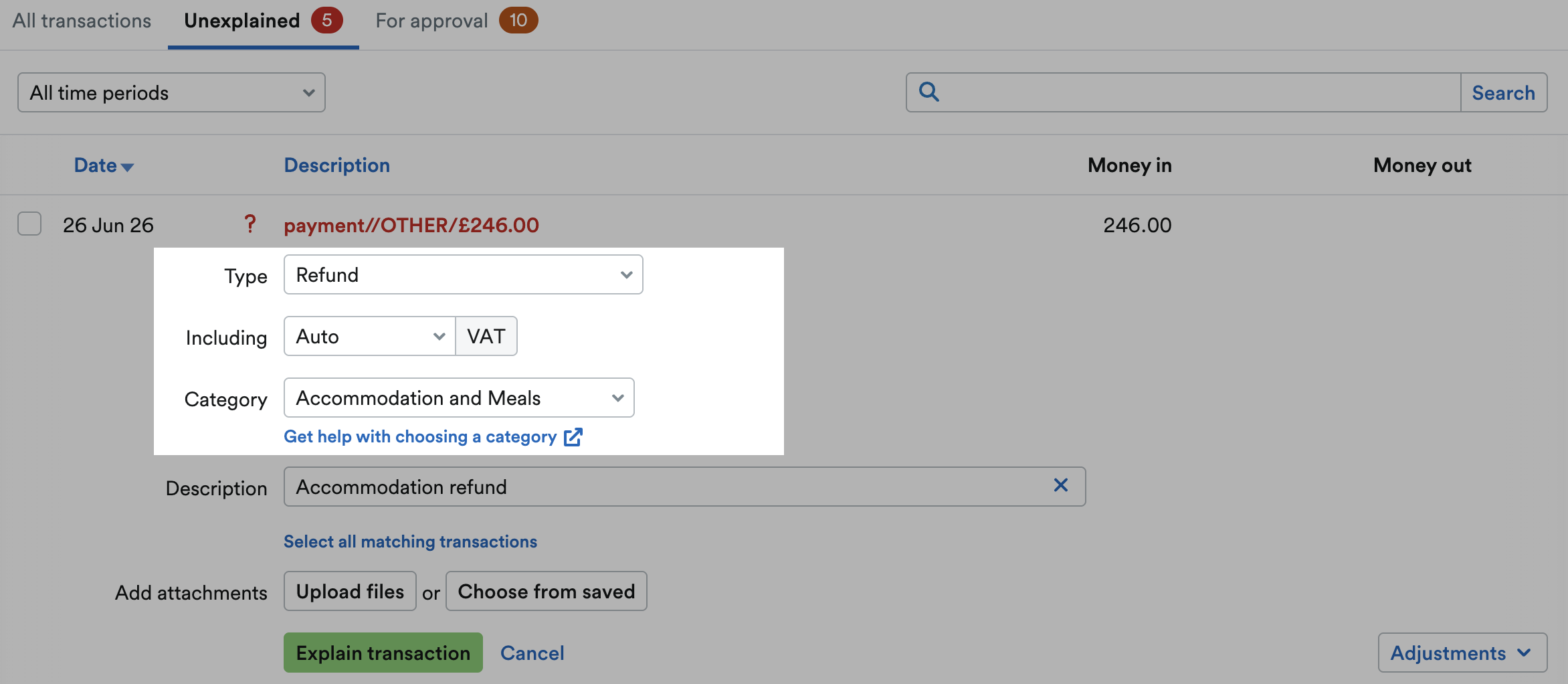 'Type', 'Including' and 'Category' fields highlighted in bank transaction explanation.