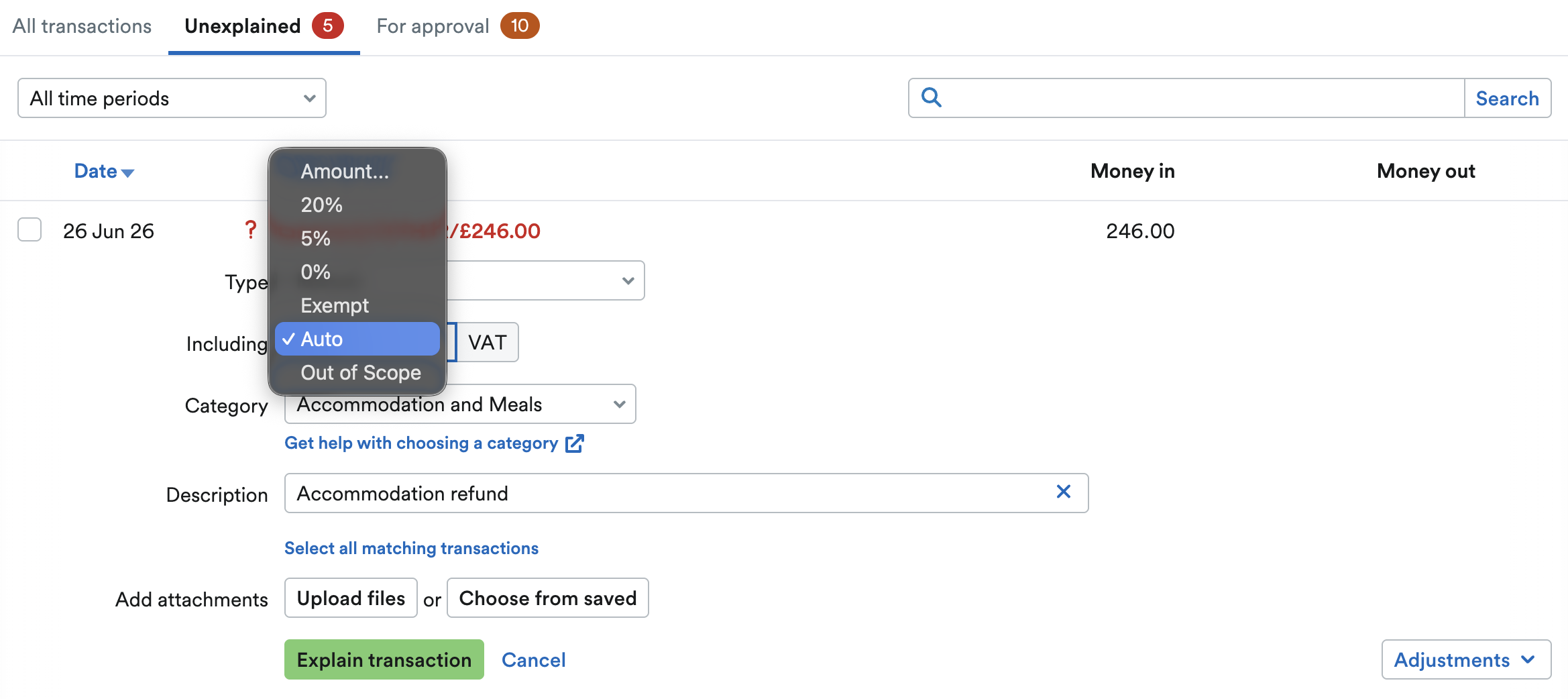 VAT options listed on drop down menu.