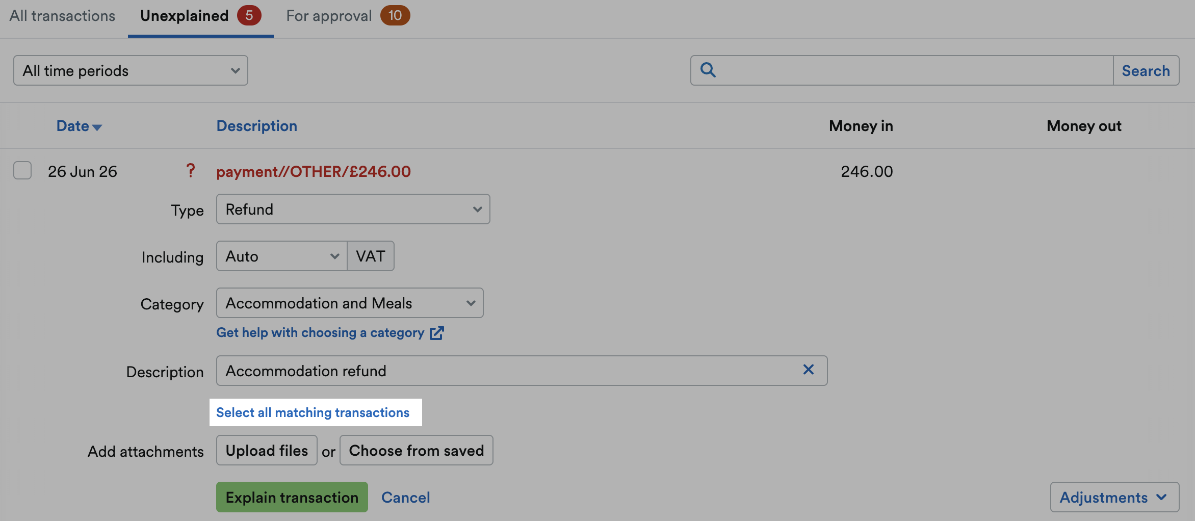 'Select all matching transactions' highlighted beneath 'Description' field.