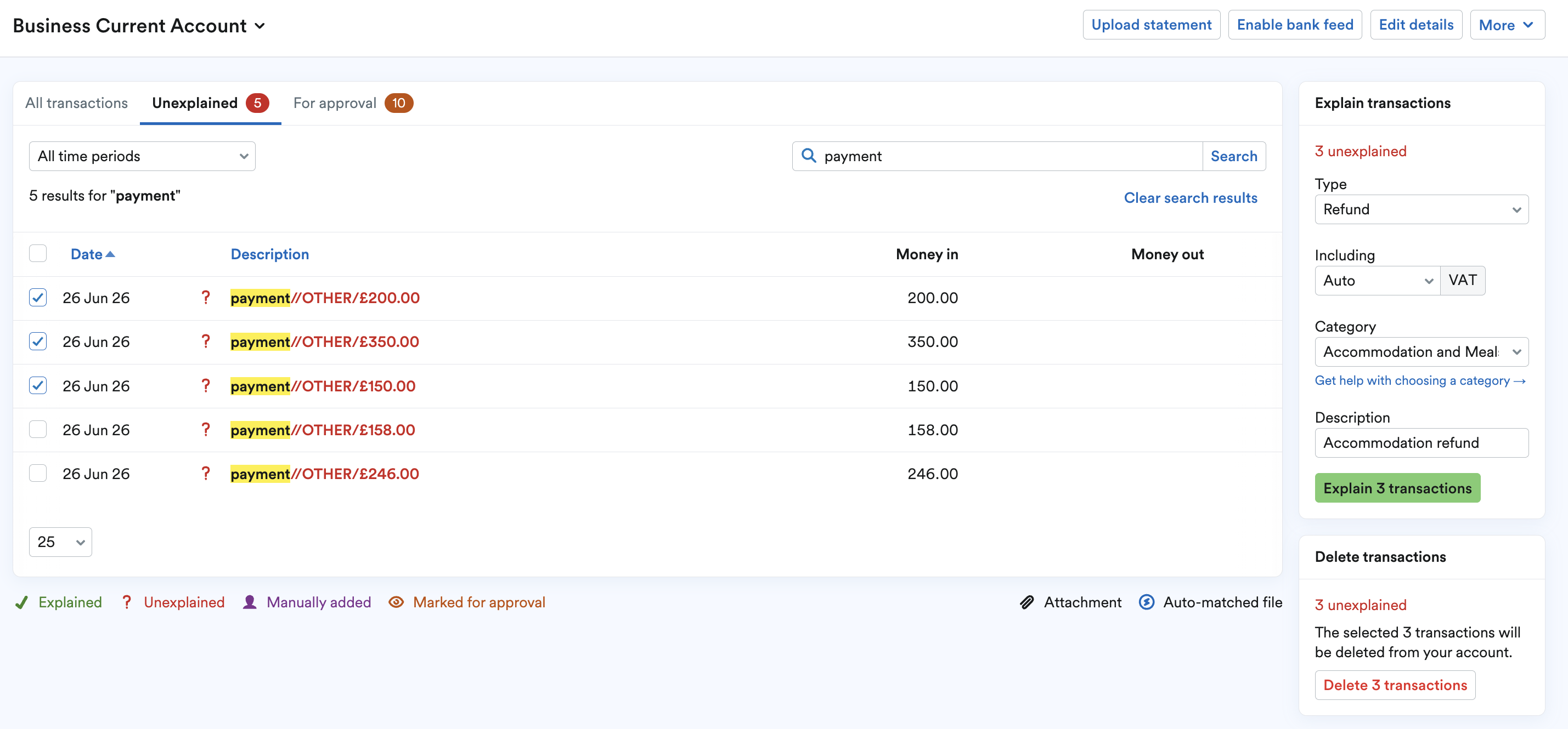 Multiple transactions selected from suggested list of similar transactions.