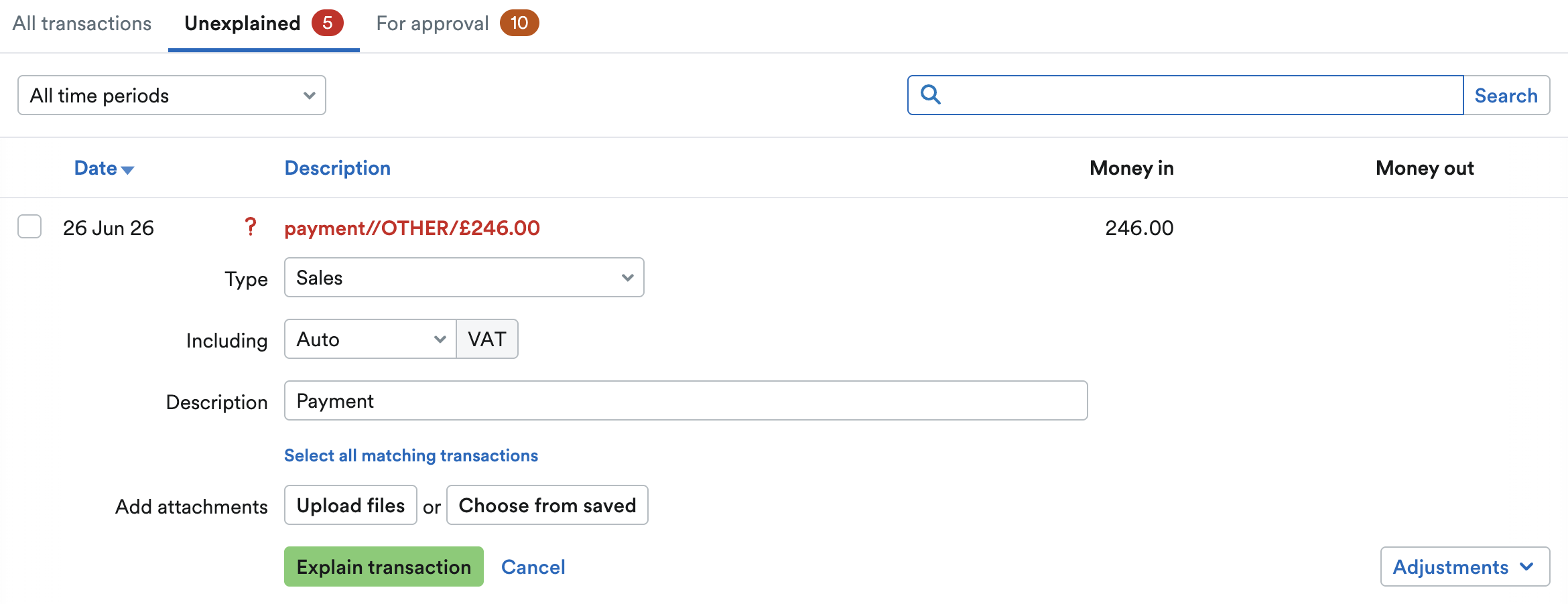 Unexplained transaction selected to show options to select for explanation.