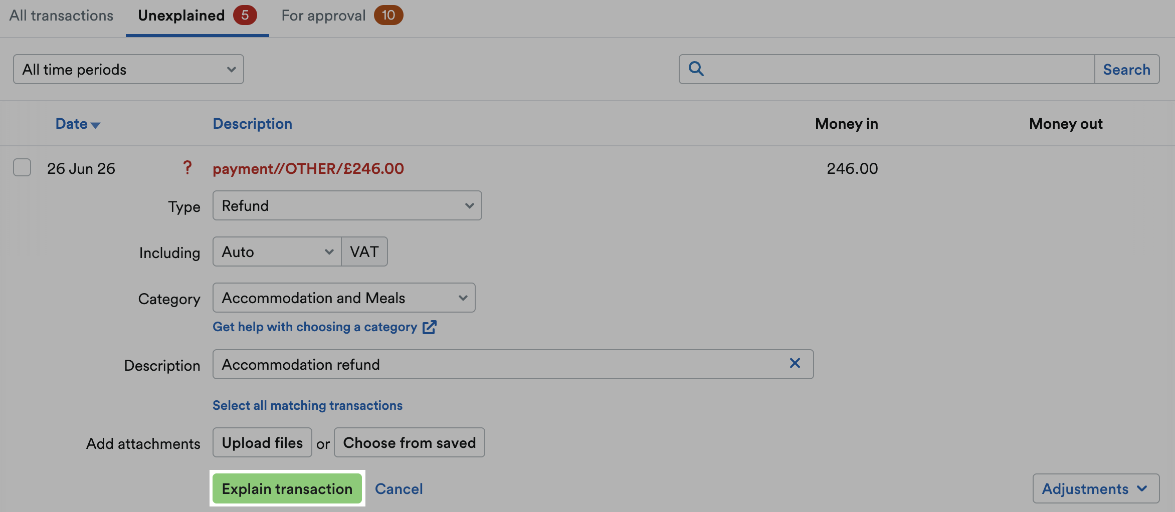 'Explain transaction' button highlighted at bottom of transaction explanation.