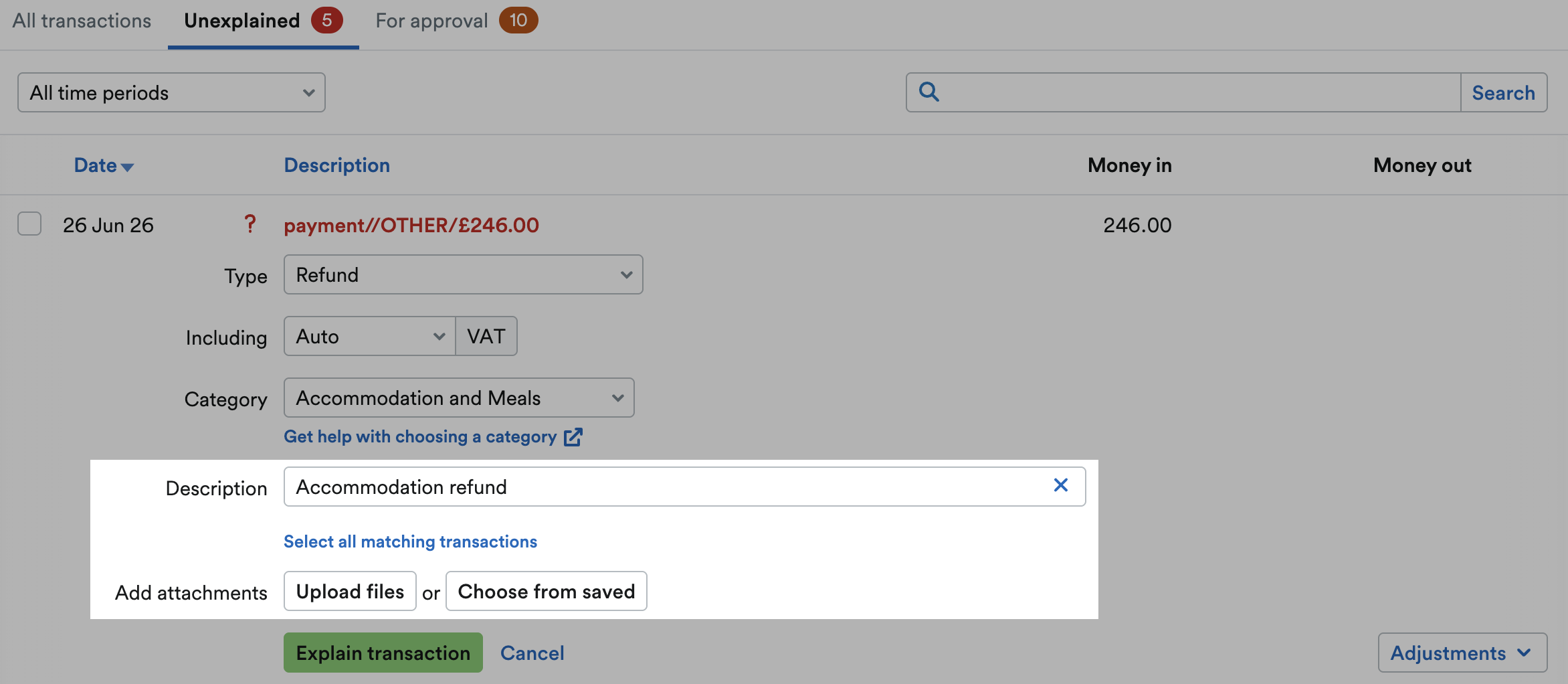 'Description' field and 'Attachment' section with buttons to ' Upload files' or 'Choose from saved'.