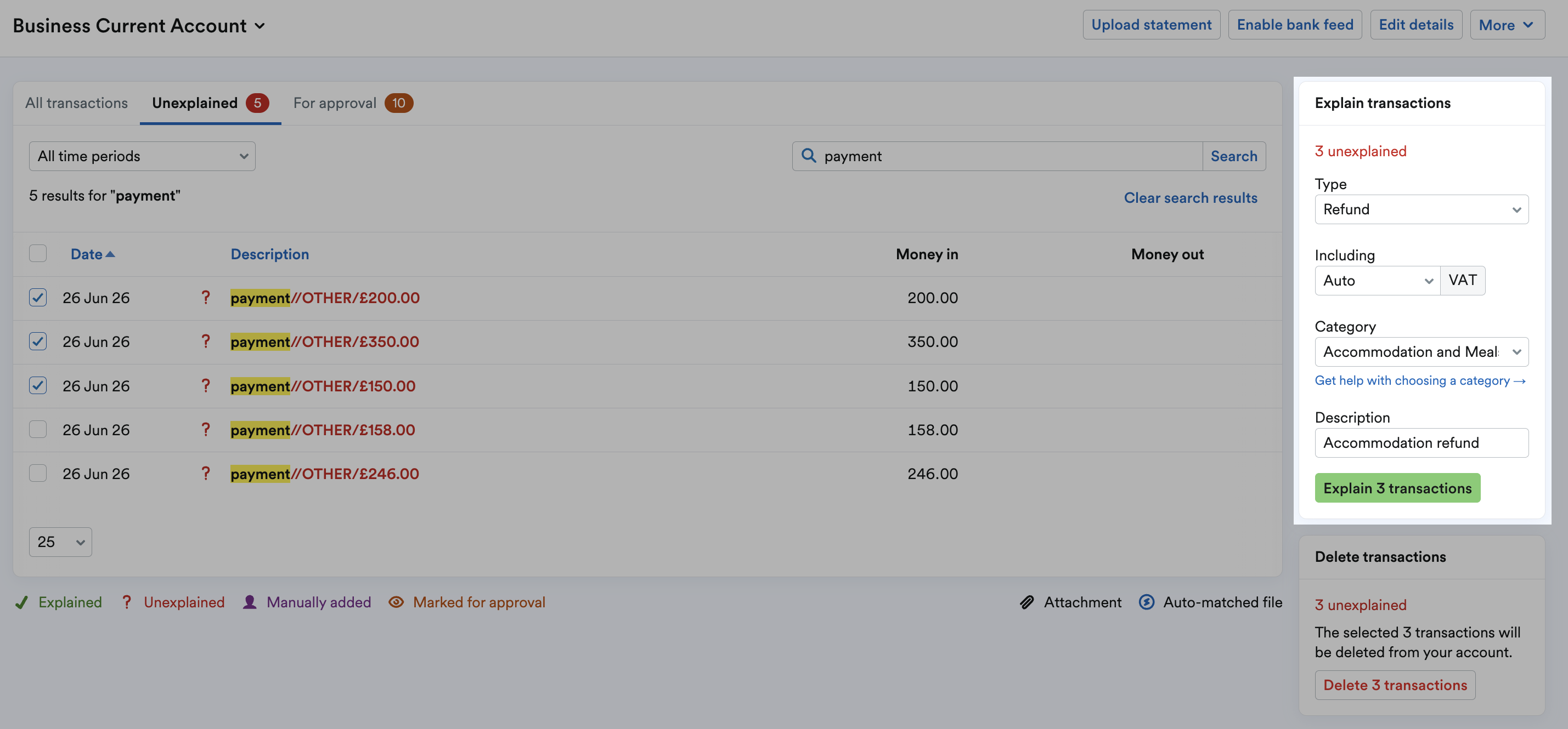 'Explain transactions' panel next to listed similar transactions.