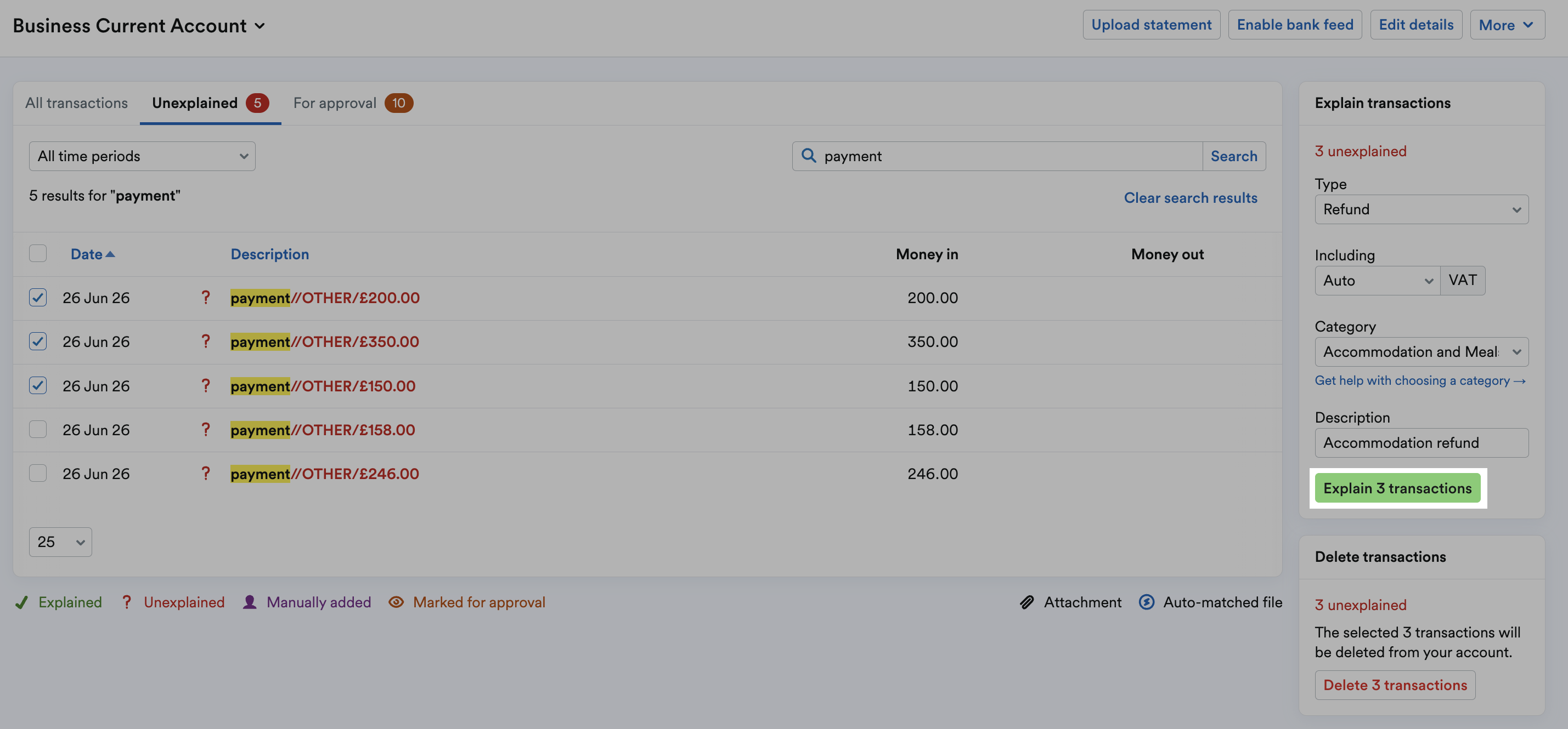 'Explain e transactions' button highlighted to apply explanation to 3 selected transactions.