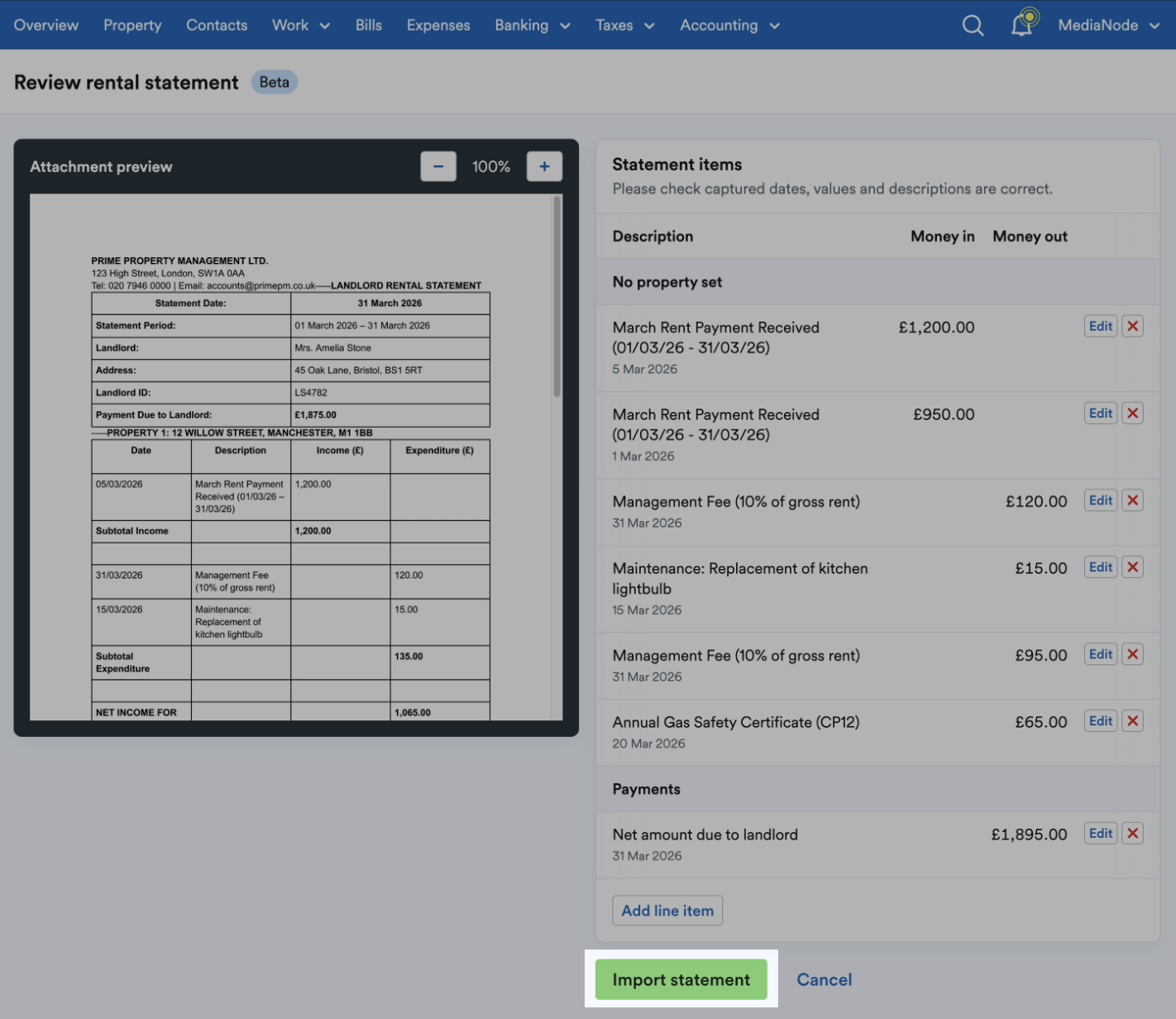 'Import statement' button highlighted at bottom of Review rental statement page.