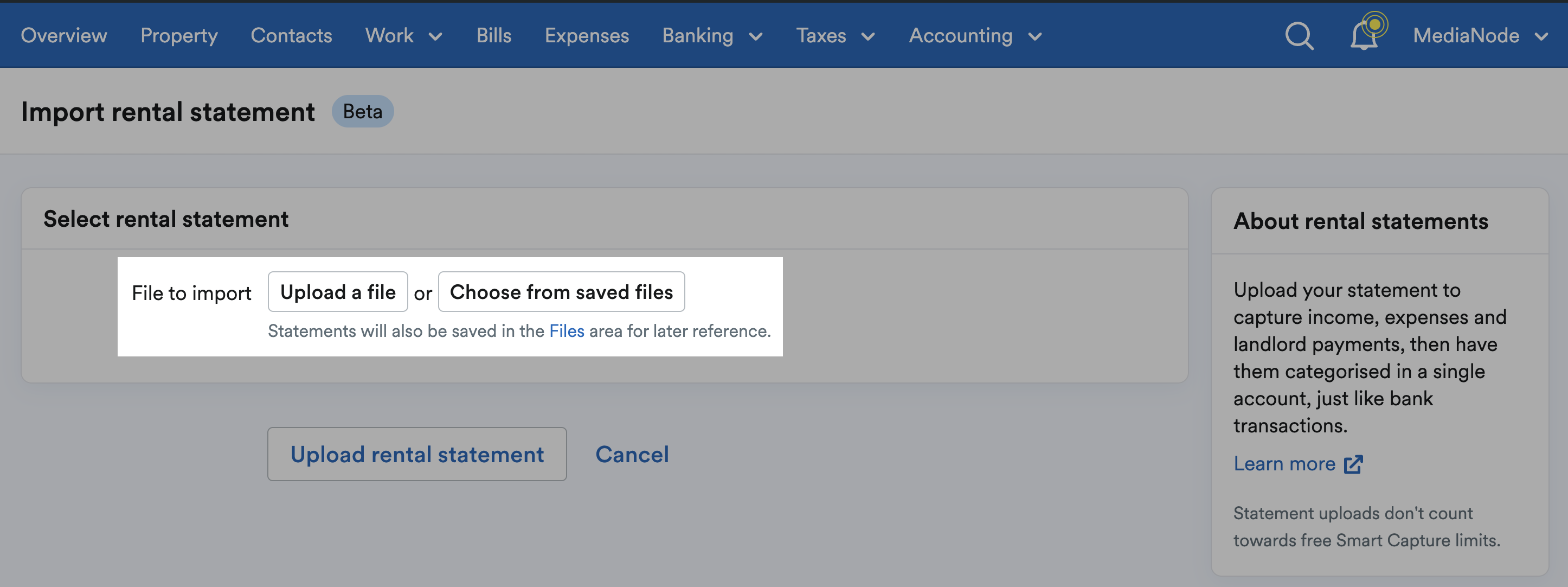 Options to 'Upload a file' or 'Choose from saved'.