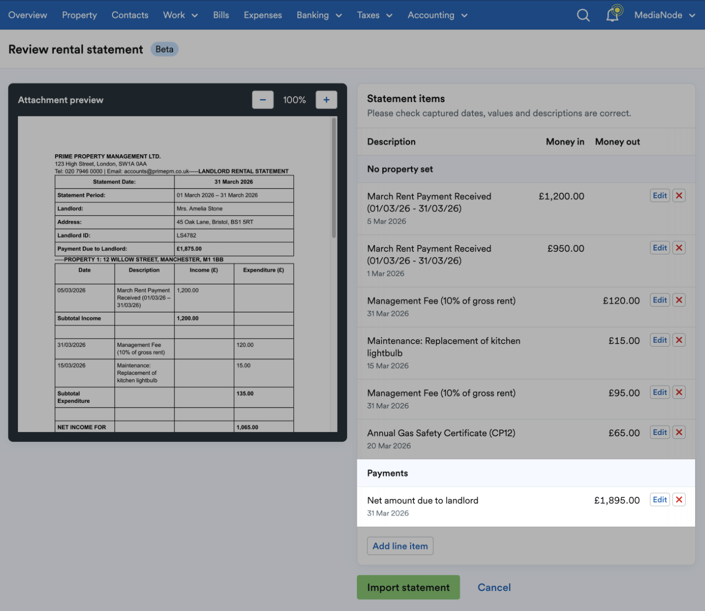 Line items listed under 'Payments' section.