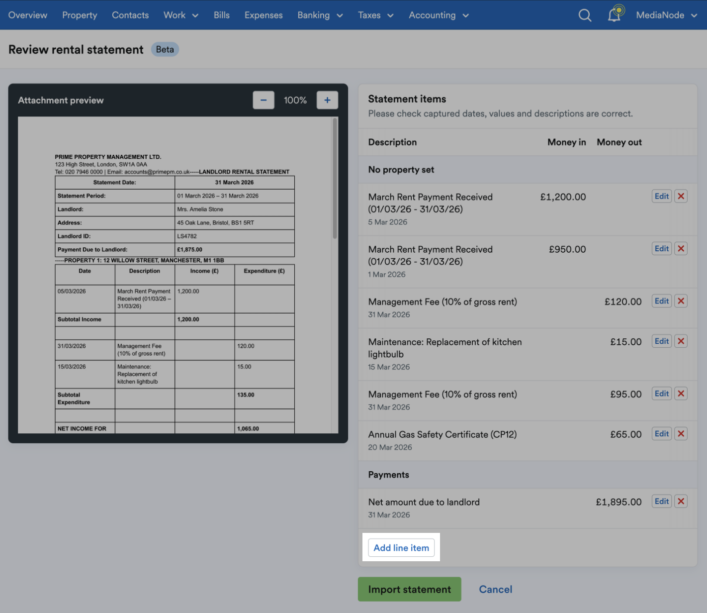 'Add line item' button beneath listed line items.