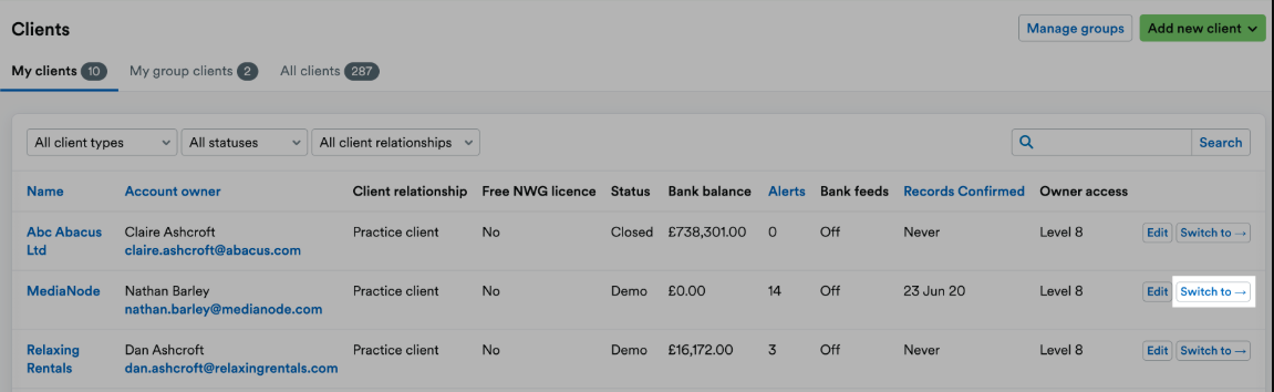 'Switch to' button highlighted next to client's account.