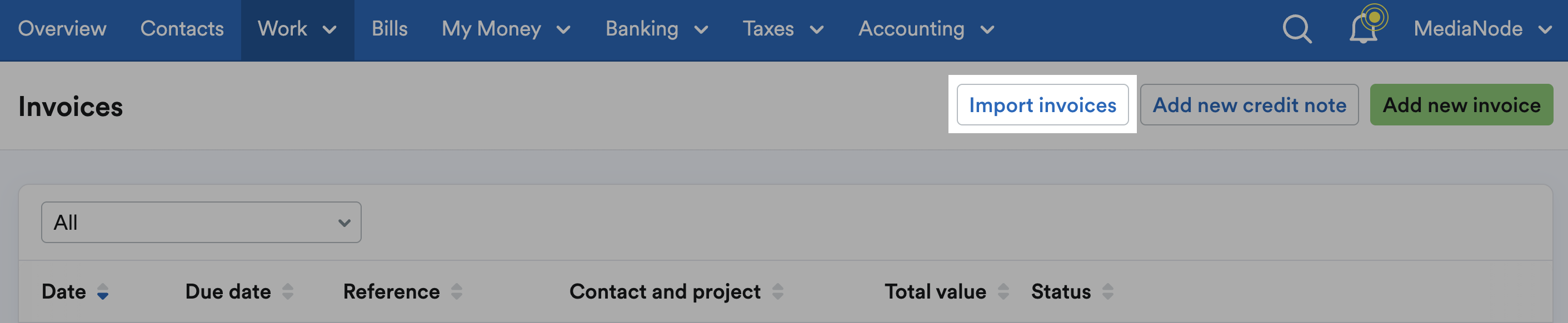 'Import invoices' button highlighted at top of 'Invoices' page.