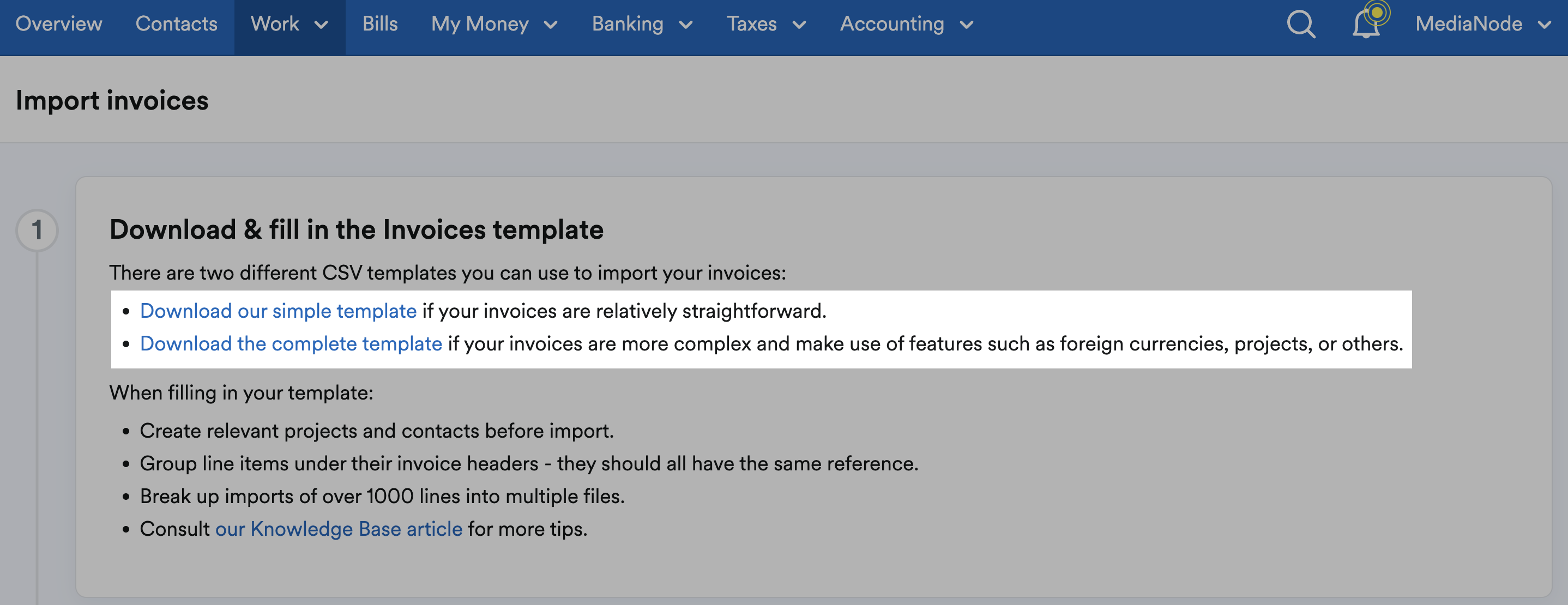 Options to download the 'simple template' and the 'complete template' highlighted on 'Import invoices' page.