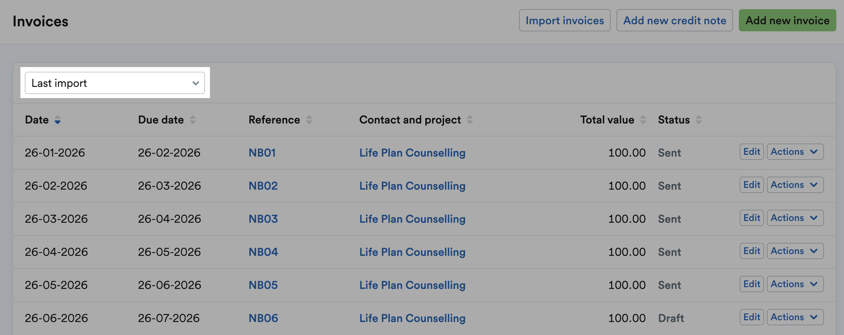 'Last import' selected from drop down menu.