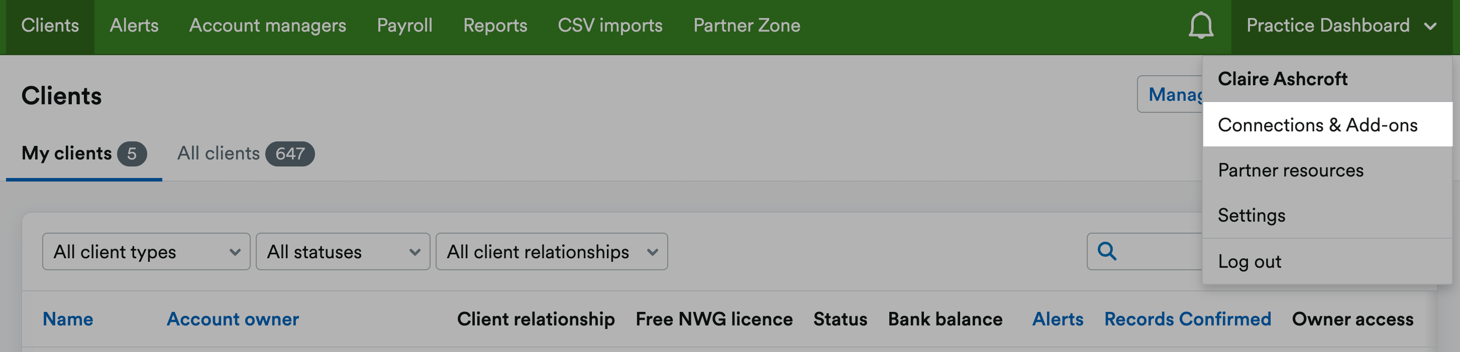 'Connections and Add ons' highlighted on drop down menu under practice name.