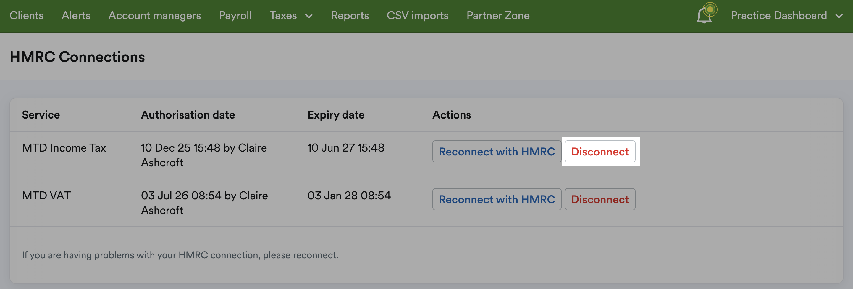 'Disconnect' button highlighted next to 'MTD Income Tax' service.