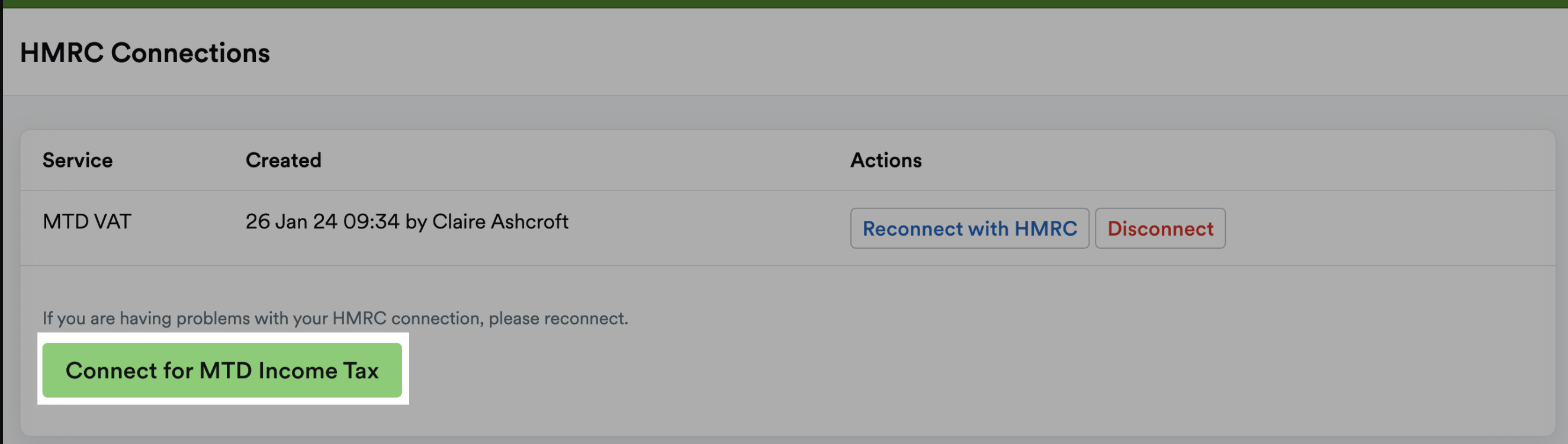 'Connect for MTD Income Tax' button on HMRC Connections page.