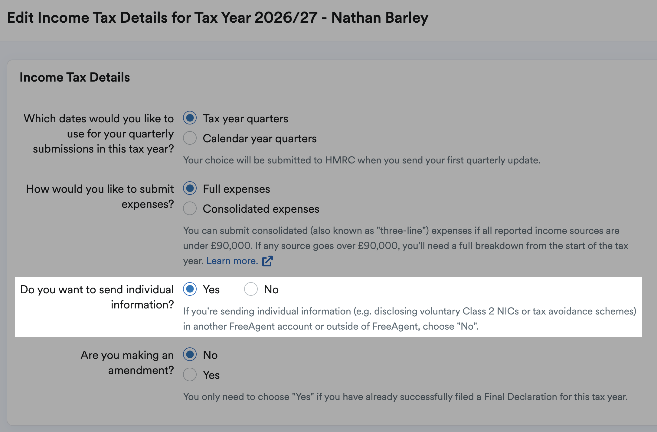 'Yes' selected for 'Do you want to send individual information?'.