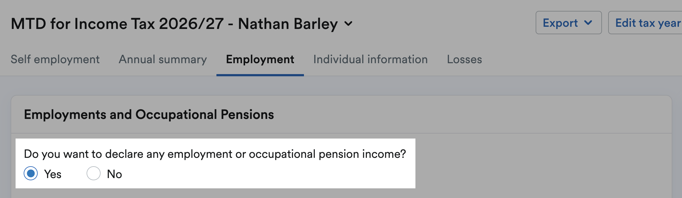 'Yes' selected for 'Do you want to declare any employment or occupational pension income?'.