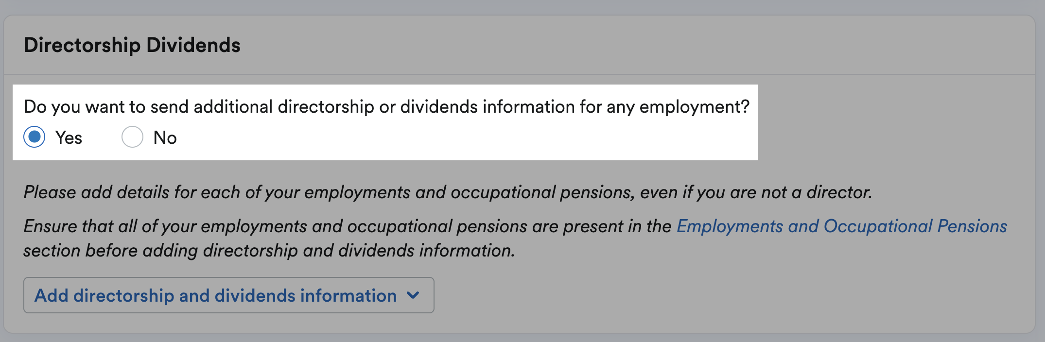 'Yes' selected for 'Do you want to send additional directorship or dividends information for any employment?'.