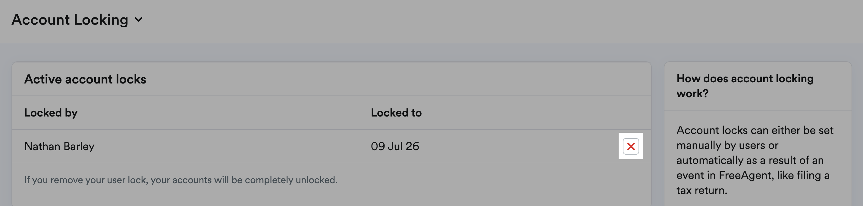Red cross button highlighted next to an account lock listing.