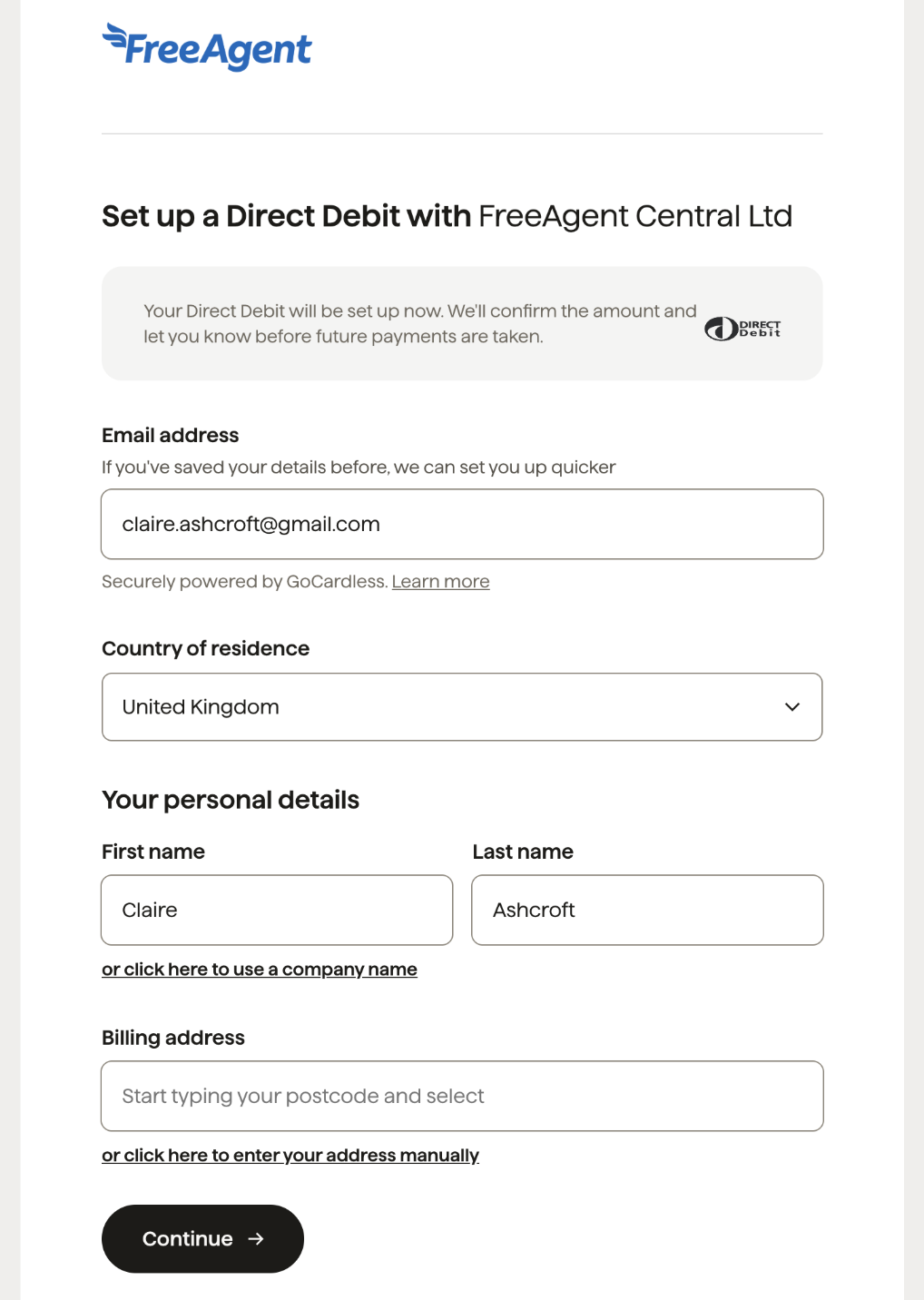 'Set up a Direct Debit with FreeAgent' page with fields to enter personal details and a 'Continue' button..