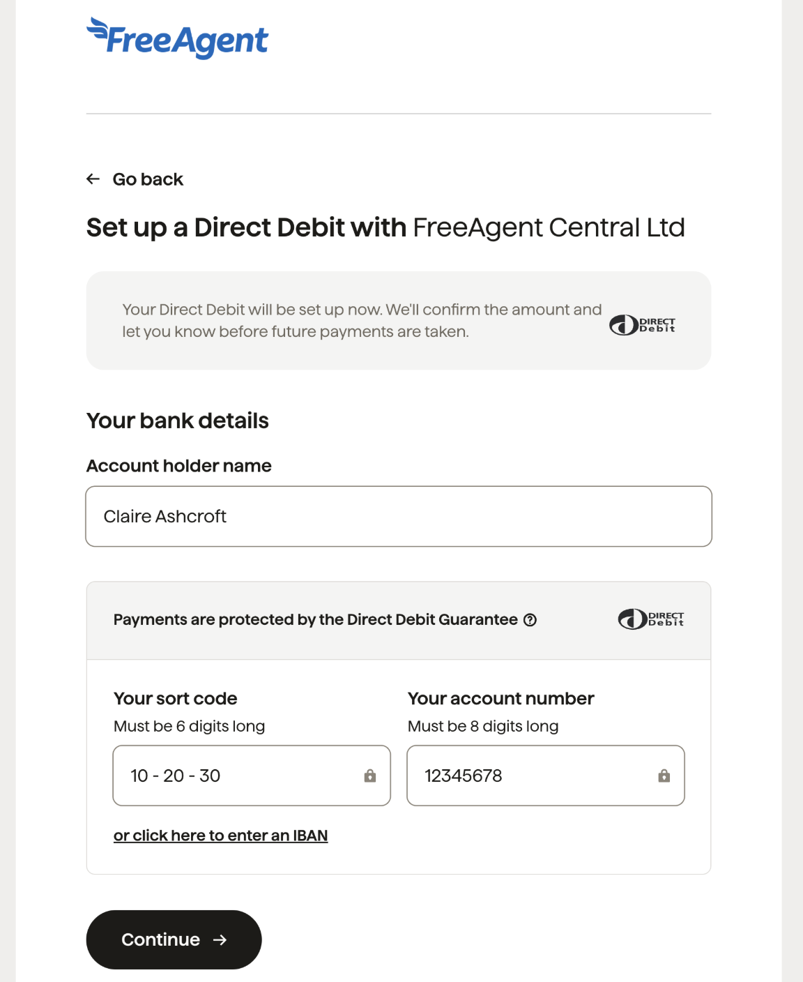 Set up page with fields to enter bank details and a 'Continue' button.
