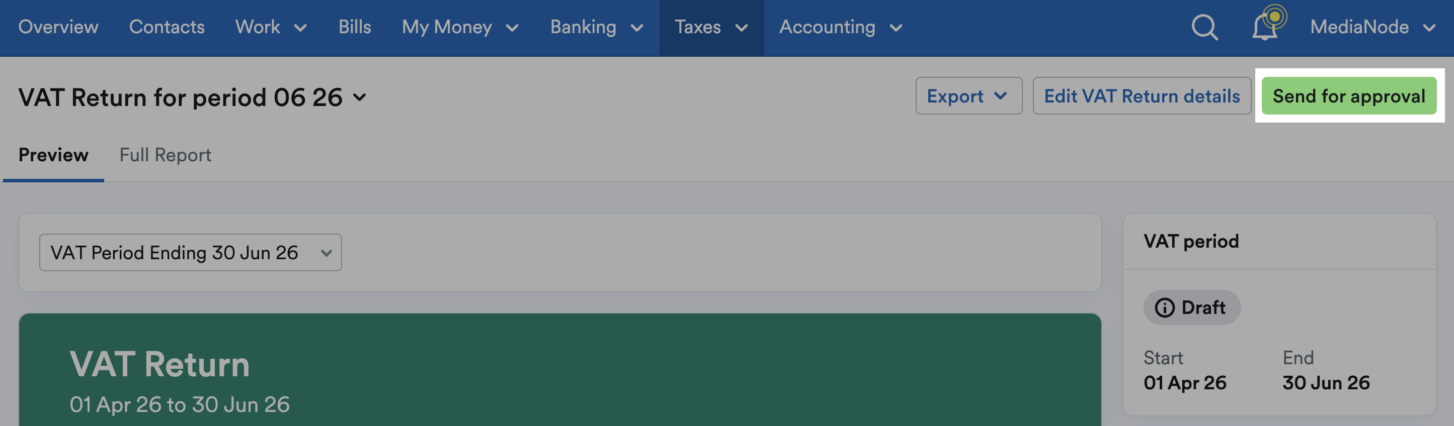 'Send for approval' button highlighted at top of VAT return.