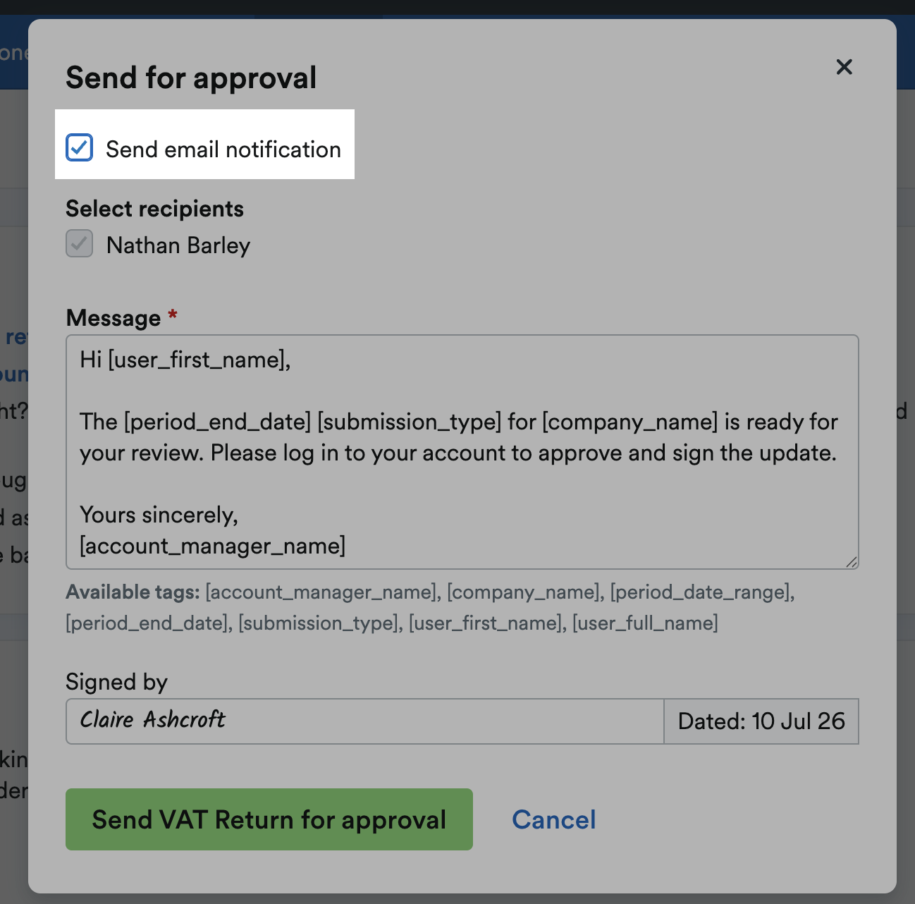 Checkbox ticked for 'Send email notification'.