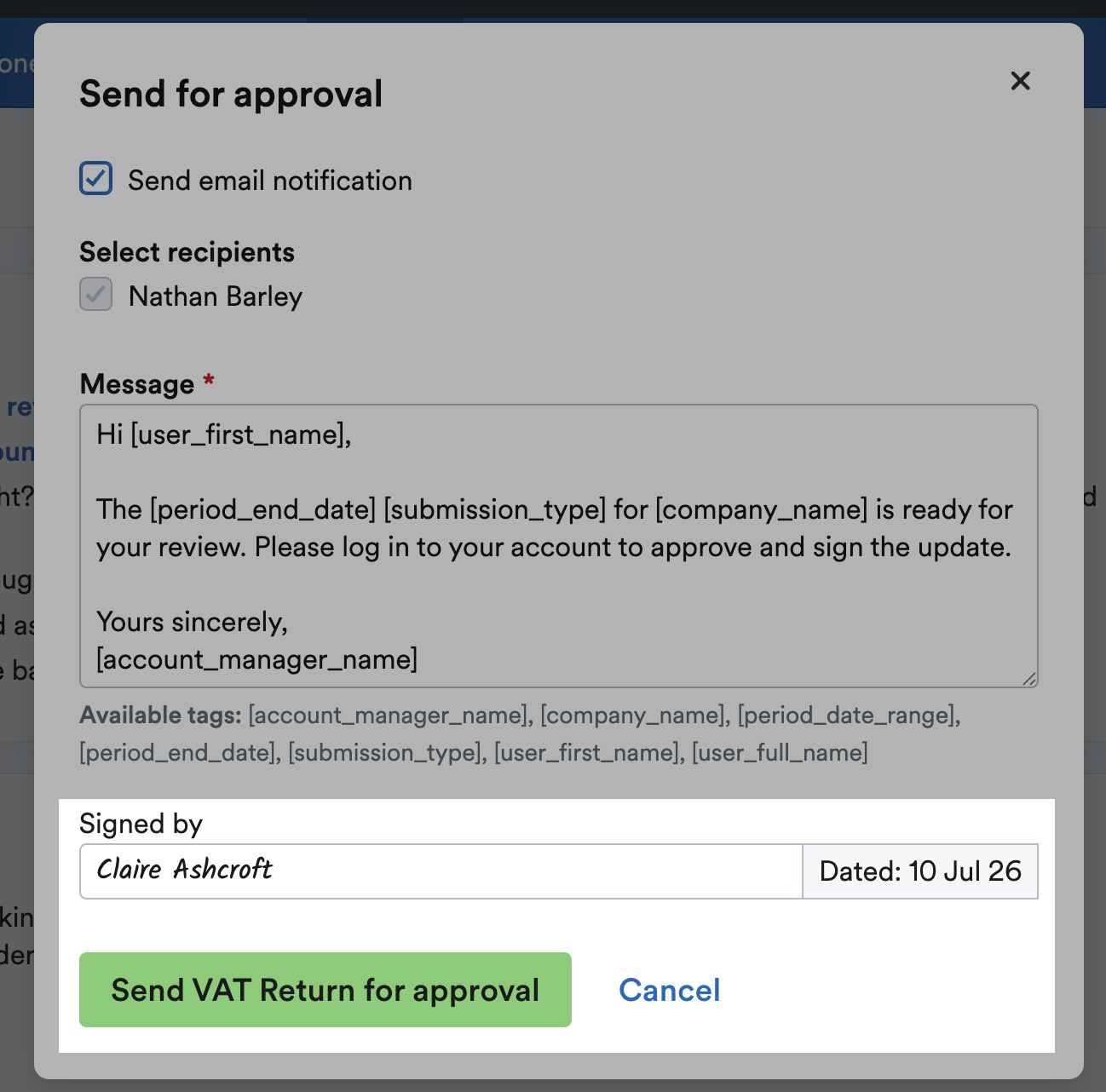 'Signed by' field filled with name, with 'Send VAT Return for approval' button below.