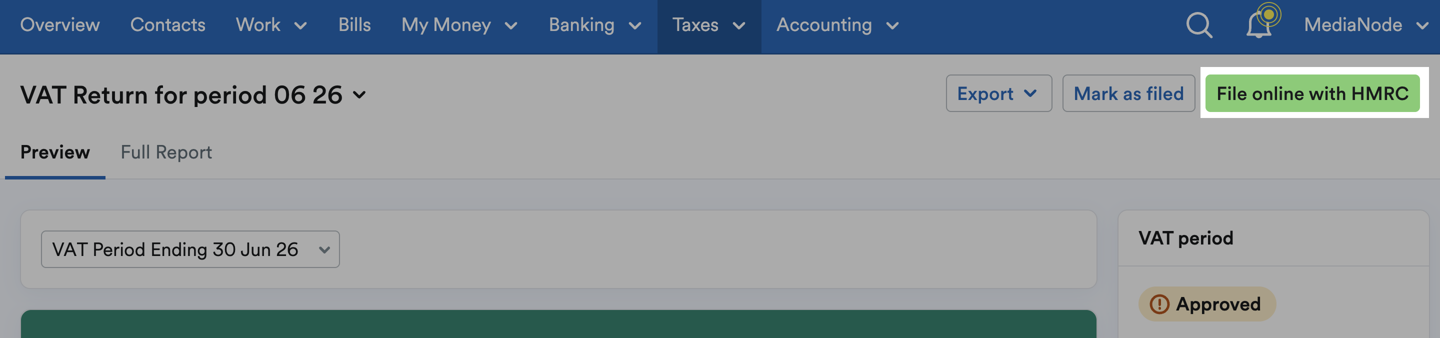 'File online with HMRC' button highlighted at top of VAR return page.