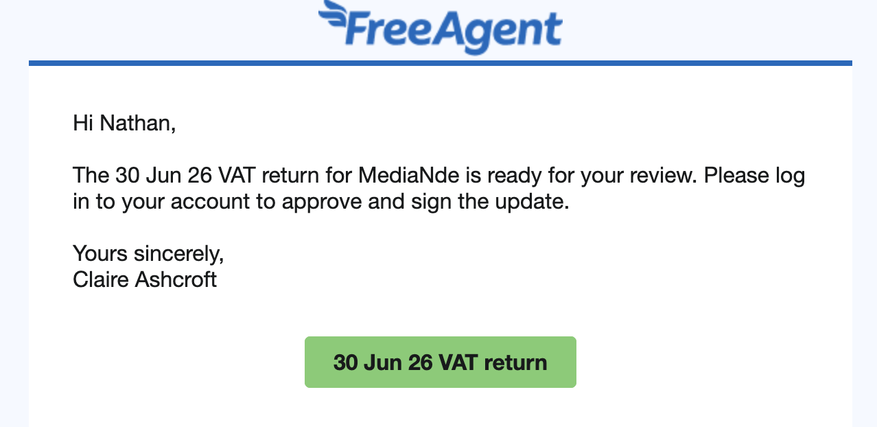 Email from accountant asking user to log in to their account to approve and sign the VAT return.