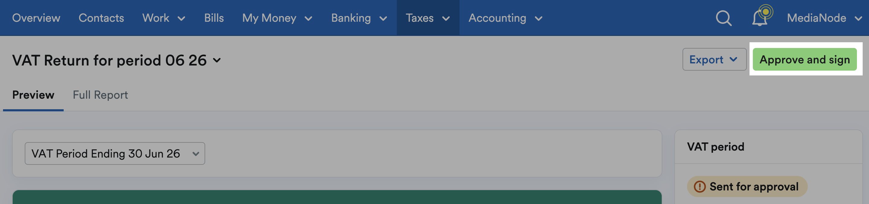 'Approve and sign' button highlighted at top of VAT return.