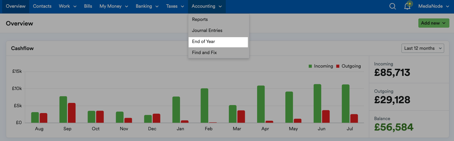 'End of Year' selected on 'Accounting' drop down menu.