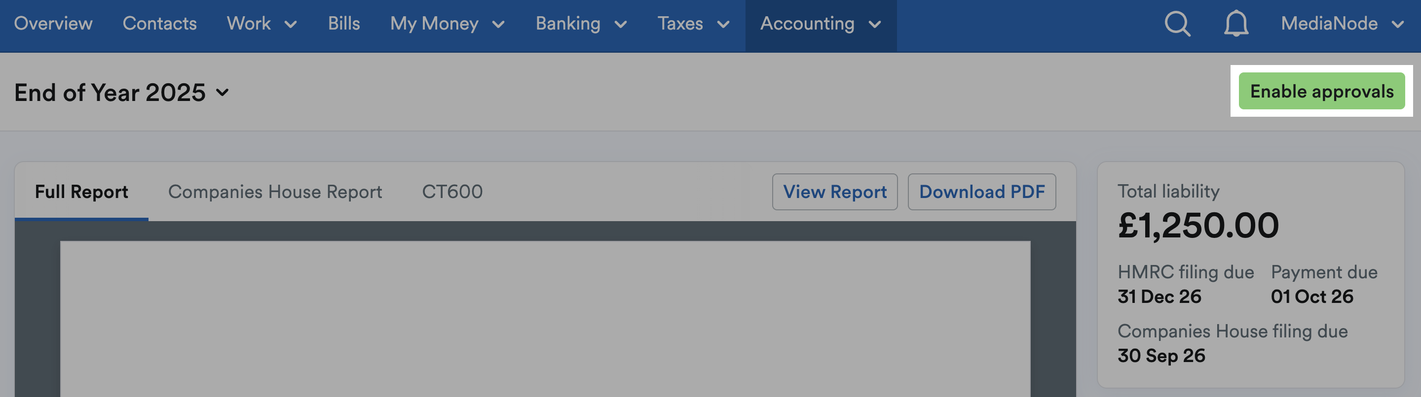 'Enable approvals' button highlighted on End of Year page.