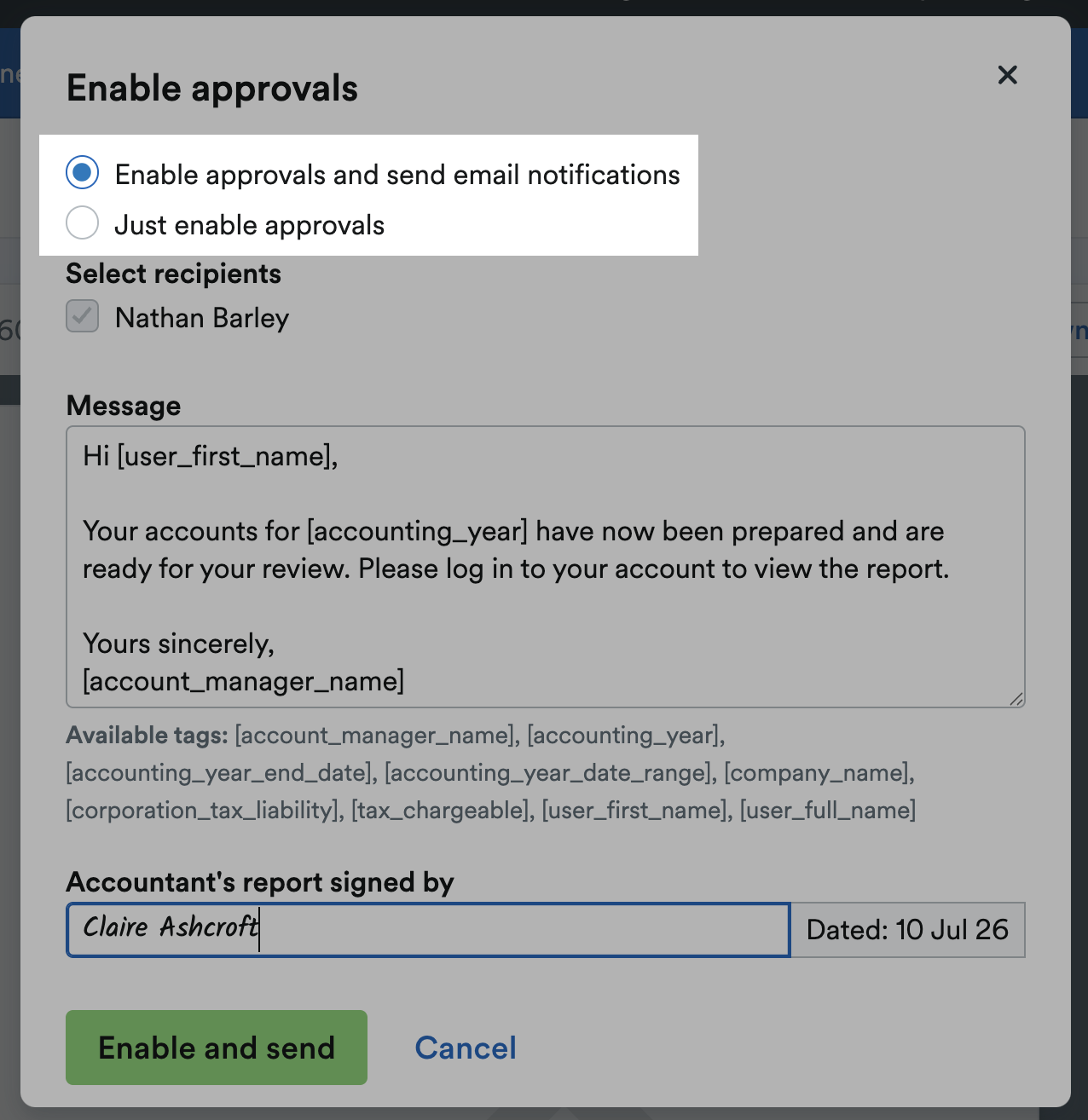 Options to select either 'Enable approvals and send email notifications' or 'Just enable approvals'.
