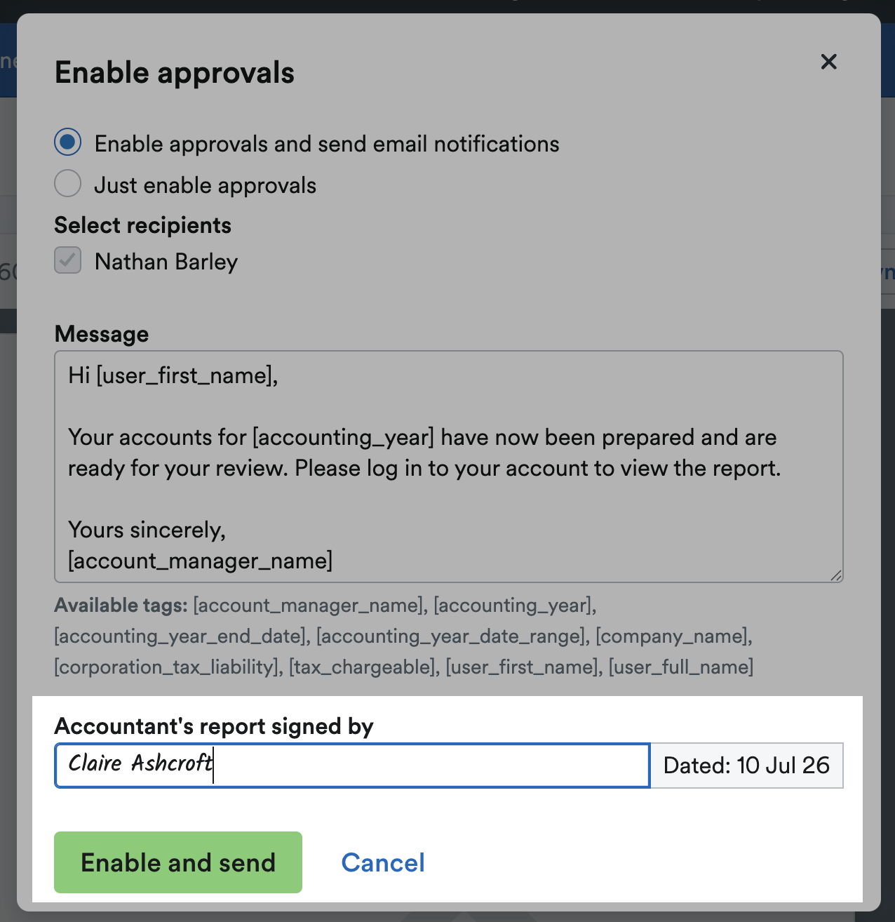'Accountant's report signed by' field filled with name, with 'Enable and send' button below.