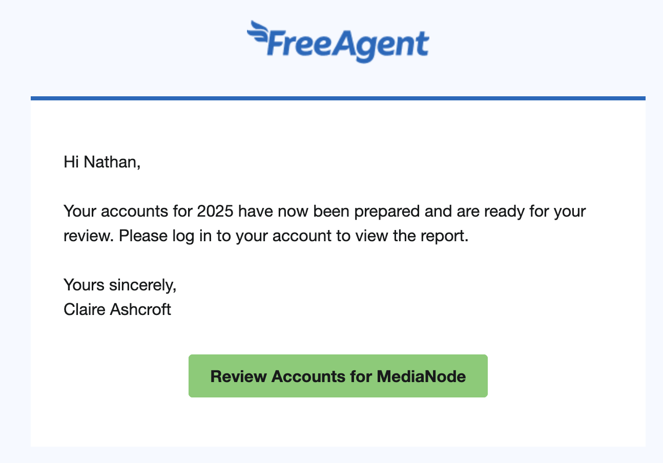 Email from accountant asking user to log in to their account to view the report of their accounts.