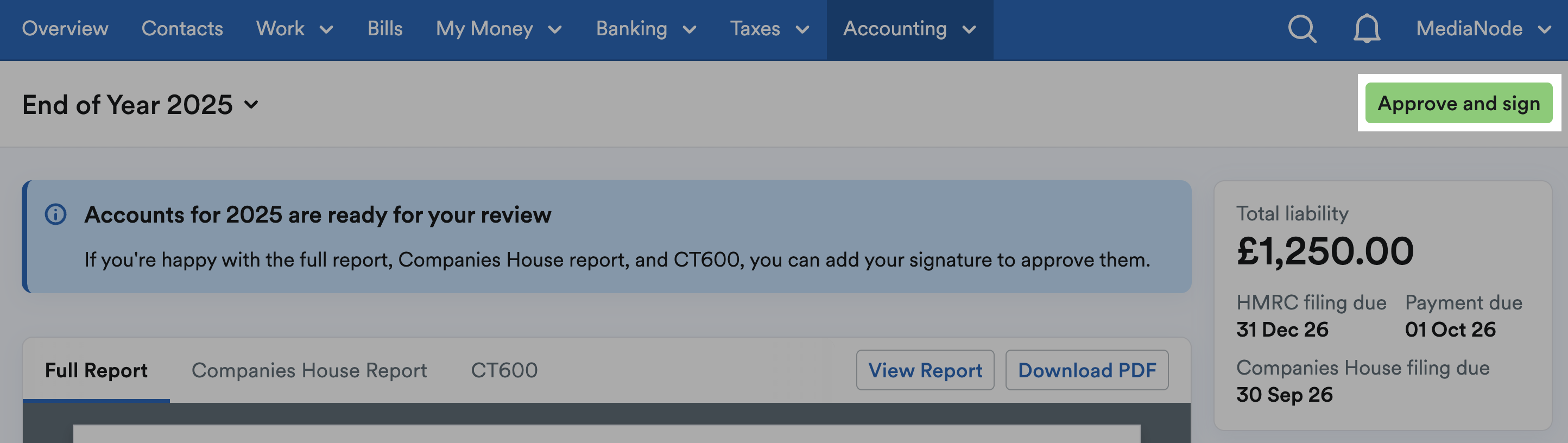 'Approve and sign' button highlighted at top of End of Year page.