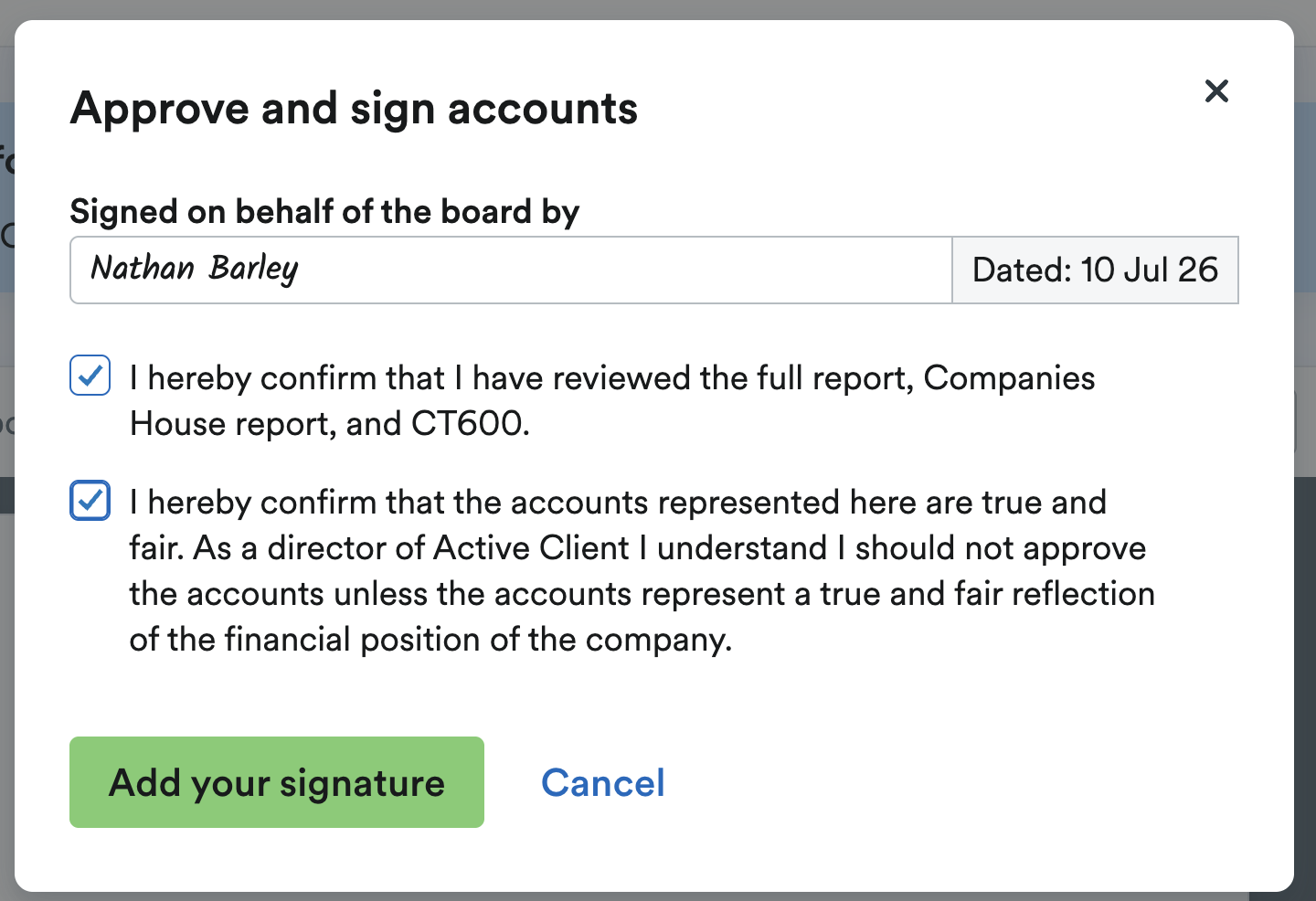 'Approve and sign accounts' window with checkboxes and button to 'Add your signature'.