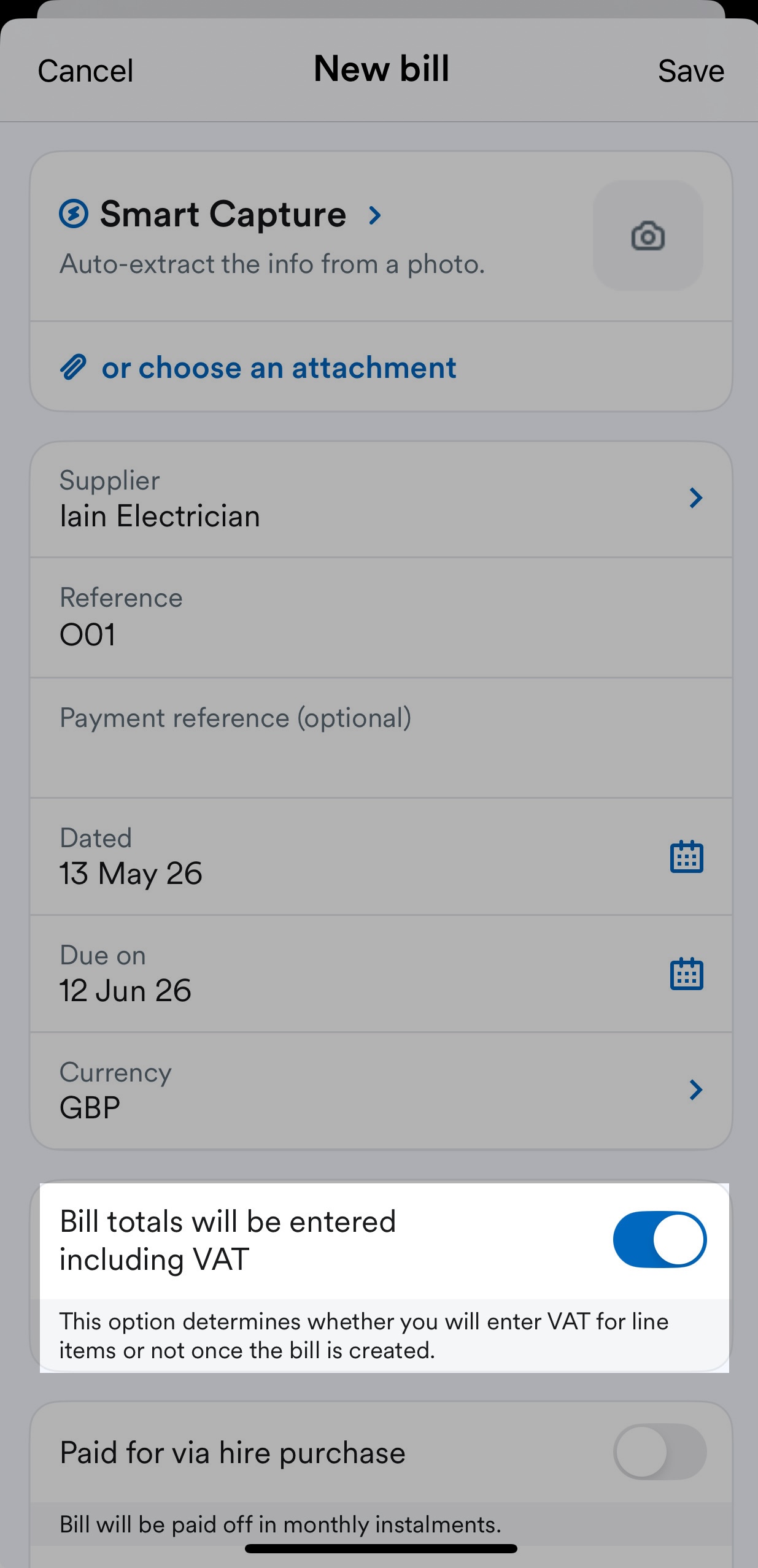 Toggle for 'Bill totals will be entered including VAT' underneath 'Currency' field on New bill page.